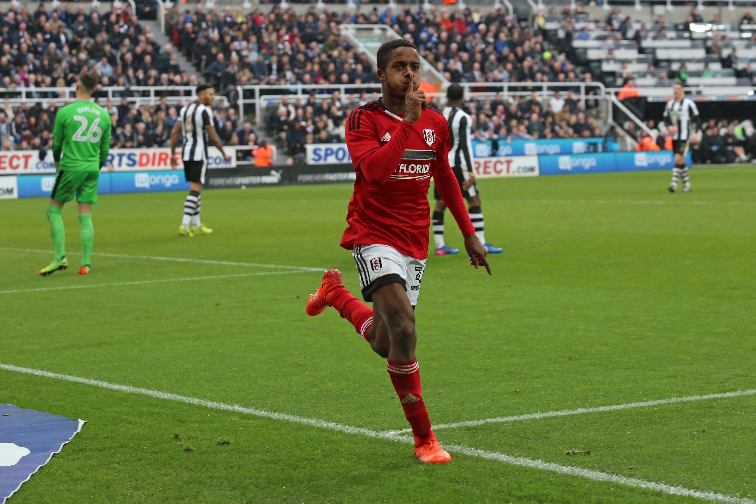 NEWCASTLE UPON TYNE, ENGLAND - MARCH 11: Ryan Sessegnon of Fulham celebrates after he scores the third goal during the Sky Bet Championship match between Newcastle United and Fulham  at St James' Park on March 11, 2017 in Newcastle upon Tyne, England. (Ph