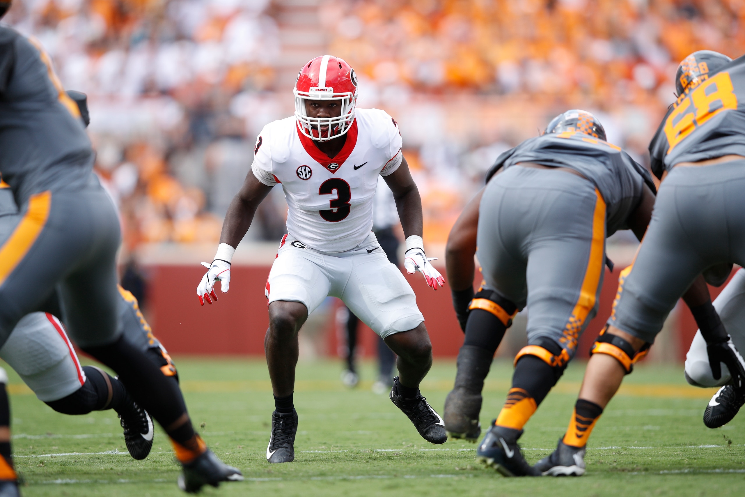 KNOXVILLE, TN - SEPTEMBER 30: Roquan Smith #3 of the Georgia Bulldogs in action during a game against the Tennessee Volunteers at Neyland Stadium on September 30, 2017 in Knoxville, Tennessee. Georgia won 41-0. (Photo by Joe Robbins/Getty Images) KNOXVILLE, TN - SEPTEMBER 30: Roquan Smith #3 of the Georgia Bulldogs in action during a game against the Tennessee Volunteers at Neyland Stadium on September 30, 2017 in Knoxville, Tennessee. Georgia won 41-0. (Photo by Joe Robbins/Getty Images)