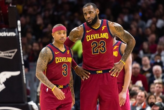 CLEVELAND, OH - JANUARY 2: Isaiah Thomas #3 listens to LeBron James #23 of the Cleveland Cavaliers during the first half against the Portland Trail Blazers at Quicken Loans Arena on January 2, 2018 in Cleveland, Ohio. NOTE TO USER: User expressly acknowle