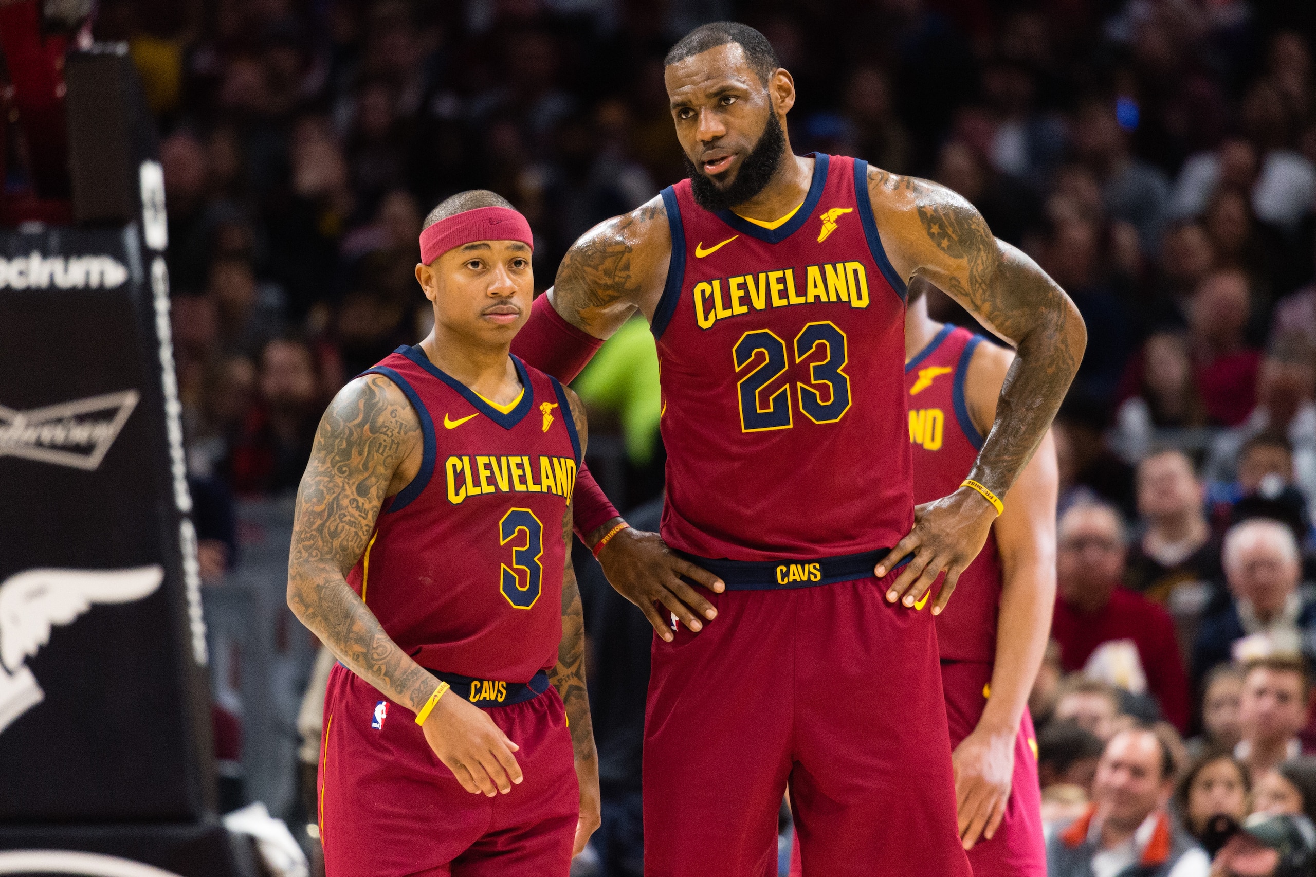 CLEVELAND, OH - JANUARY 2: Isaiah Thomas #3 listens to LeBron James #23 of the Cleveland Cavaliers during the first half against the Portland Trail Blazers at Quicken Loans Arena on January 2, 2018 in Cleveland, Ohio. NOTE TO USER: User expressly acknowle
