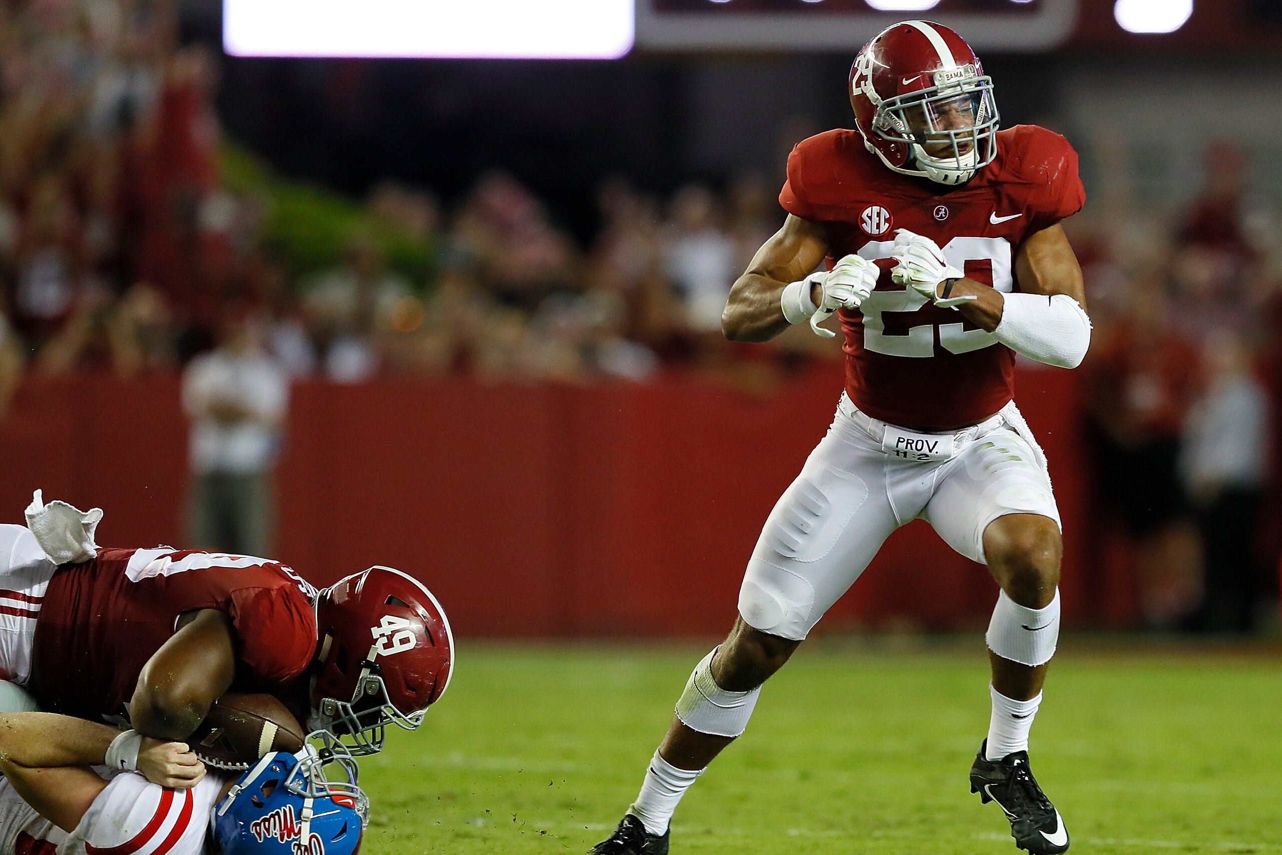 TUSCALOOSA, AL - SEPTEMBER 30: Minkah Fitzpatrick #29 of the Alabama Crimson Tide reacts after he and Isaiah Buggs #49 sack Shea Patterson #20 of the Mississippi Rebels at Bryant-Denny Stadium on September 30, 2017 in Tuscaloosa, Alabama. (Photo by Kevi TUSCALOOSA, AL - SEPTEMBER 30: Minkah Fitzpatrick #29 of the Alabama Crimson Tide reacts after he and Isaiah Buggs #49 sack Shea Patterson #20 of the Mississippi Rebels at Bryant-Denny Stadium on September 30, 2017 in Tuscaloosa, Alabama. (Photo by Kevi