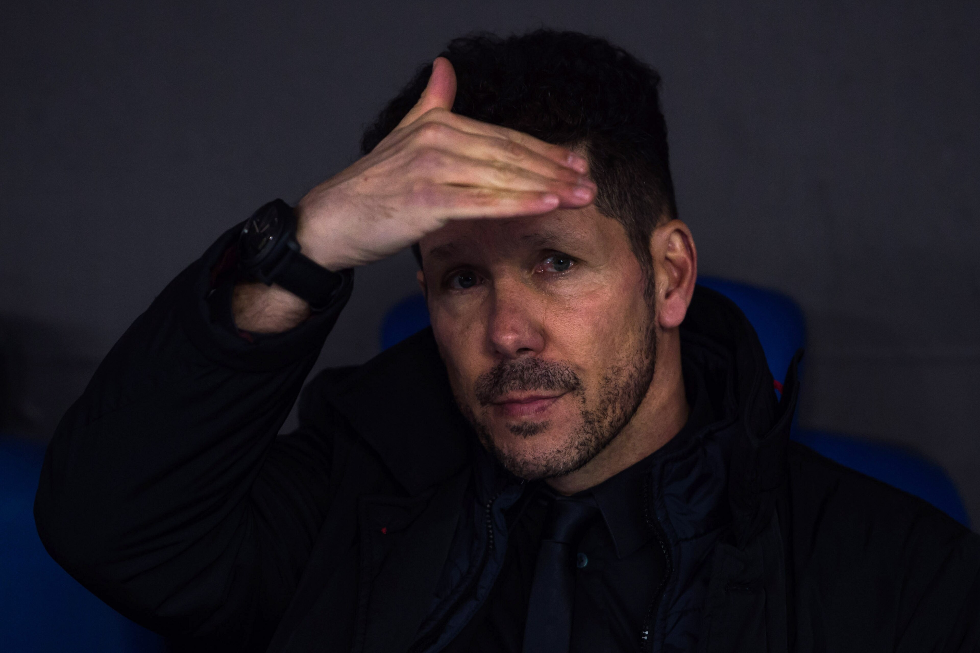 BARCELONA, SPAIN - DECEMBER 22:  Head Coach Diego Pablo Simeone of Atletico de Madrid looks on before the La Liga match between Espanyol and Atletico Madrid at RCDE Stadium on December 22, 2017 in Barcelona, Spain.  (Photo by Alex Caparros/Getty Images)