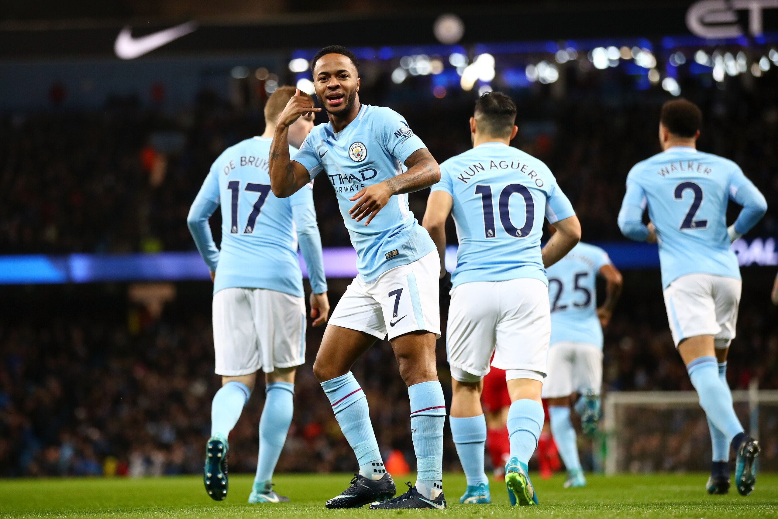 MANCHESTER, ENGLAND - JANUARY 02: Raheem Sterling of Manchester City celebrates after scoring his sides first goal during the Premier League match between Manchester City and Watford at Etihad Stadium on January 2, 2018 in Manchester, England. (Photo by MANCHESTER, ENGLAND - JANUARY 02: Raheem Sterling of Manchester City celebrates after scoring his sides first goal during the Premier League match between Manchester City and Watford at Etihad Stadium on January 2, 2018 in Manchester, England. (Photo by