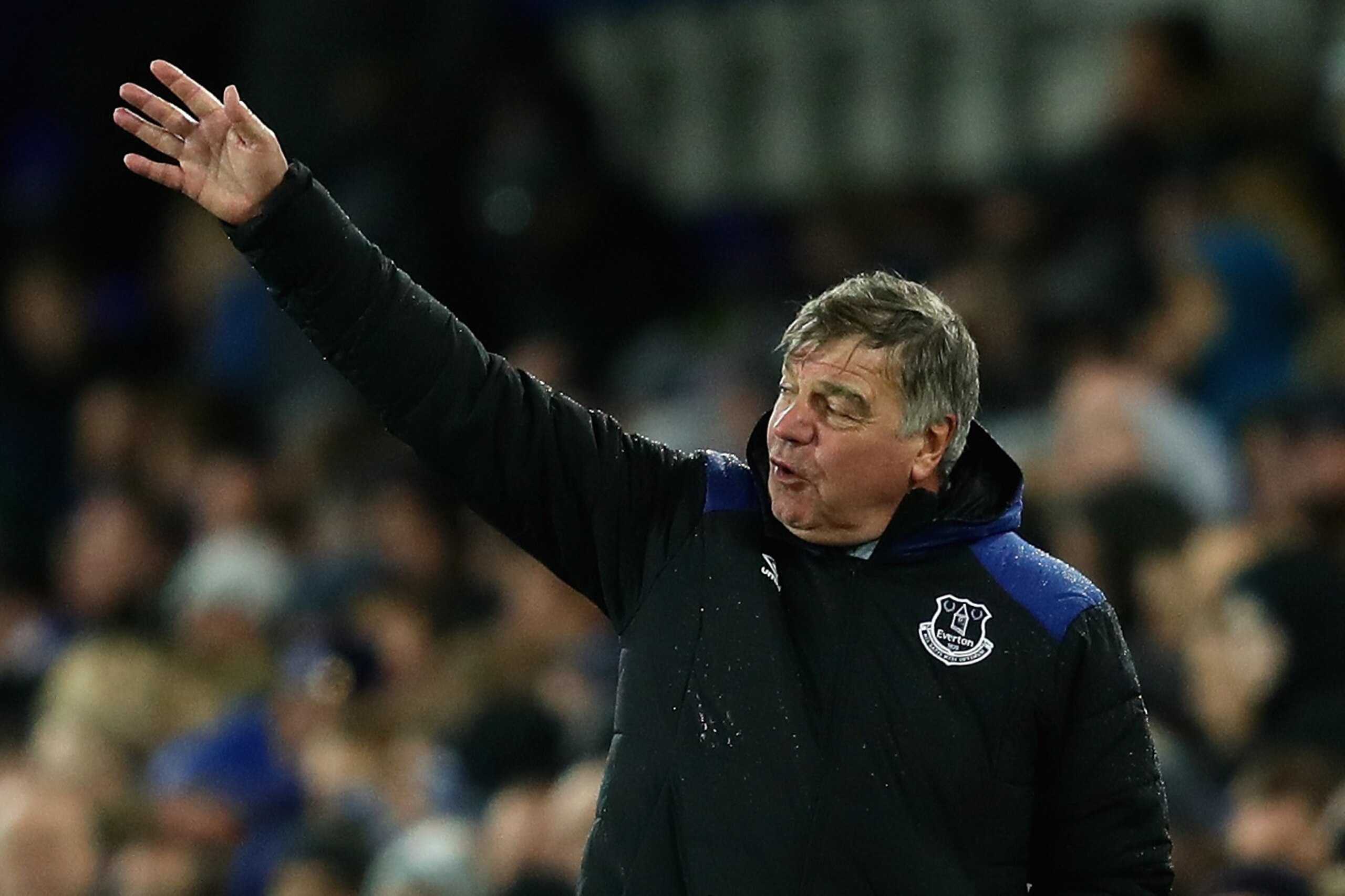 LIVERPOOL, ENGLAND - JANUARY 01: Sam Allardyce, Manager of Everton gestures from the sideline during the Premier League match between Everton and Manchester United at Goodison Park on January 1, 2018 in Liverpool, England.  (Photo by Chris Brunskill Ltd/G