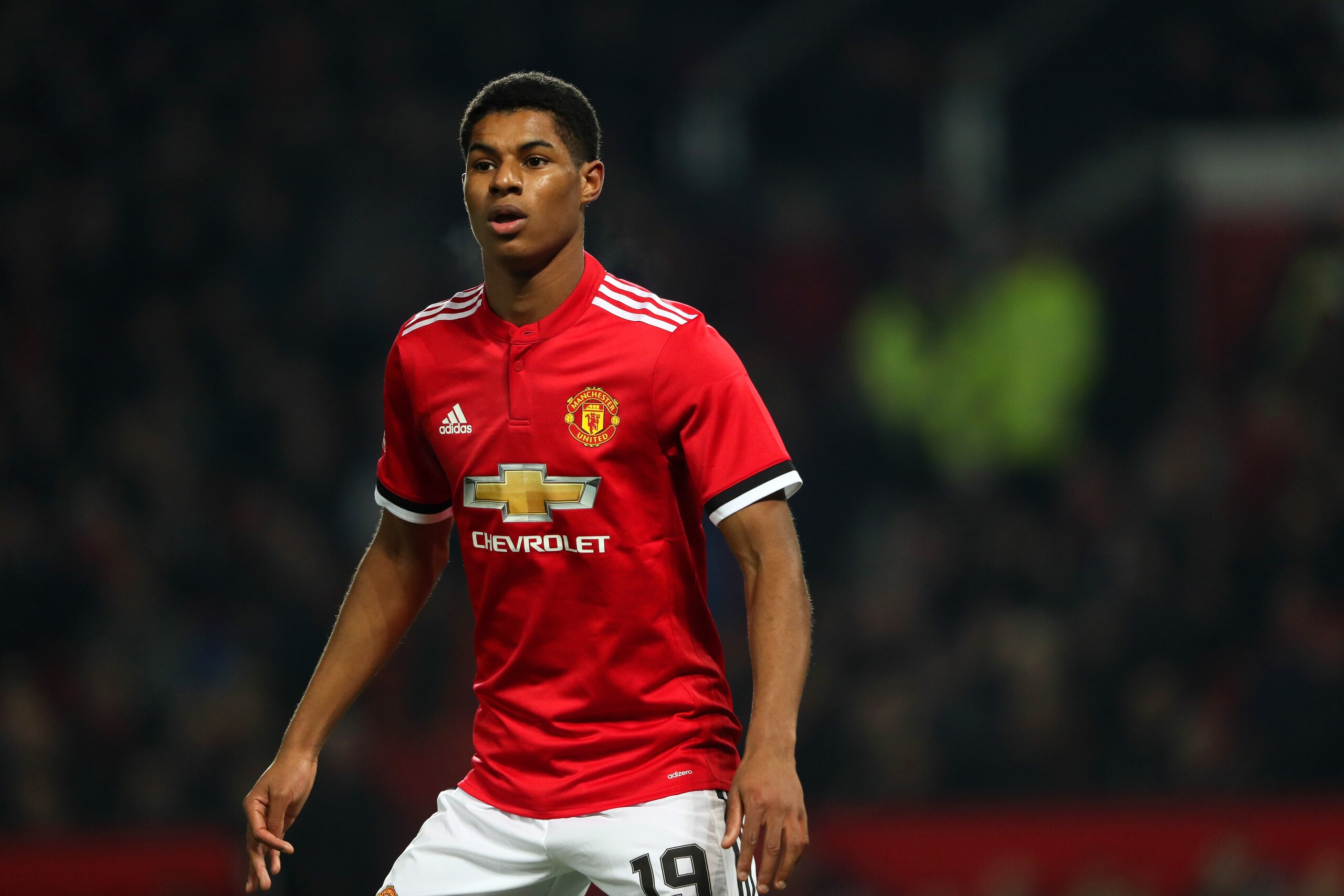 MANCHESTER, ENGLAND - JANUARY 05:  Marcus Rashford of Manchester United looks on during the Emirates FA Cup Third Round match between Manchester United and Derby County at Old Trafford on January 5, 2018 in Manchester, England.  (Photo by Matthew Ashton -