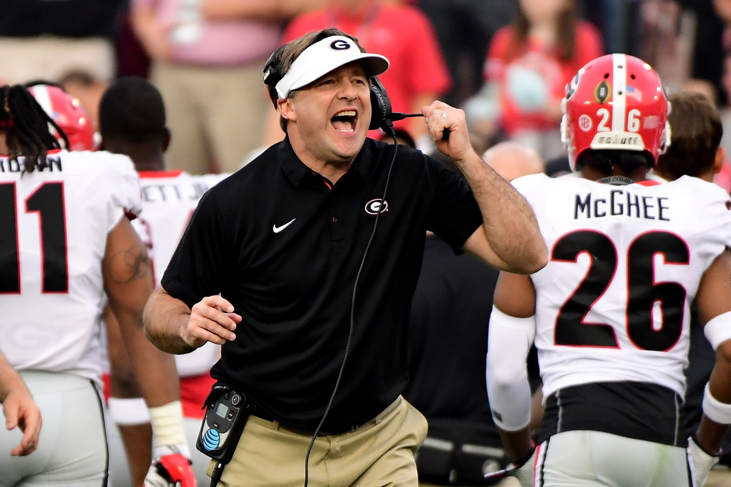 PASADENA, CA - JANUARY 01: Head Coach Kirby Smart of the Georgia Bulldogs reacts in the 2018 College Football Playoff Semifinal Game against the Oklahoma Sooners at the Rose Bowl Game presented by Northwestern Mutual at the Rose Bowl on January 1, 2018 in PASADENA, CA - JANUARY 01: Head Coach Kirby Smart of the Georgia Bulldogs reacts in the 2018 College Football Playoff Semifinal Game against the Oklahoma Sooners at the Rose Bowl Game presented by Northwestern Mutual at the Rose Bowl on January 1, 2018 in