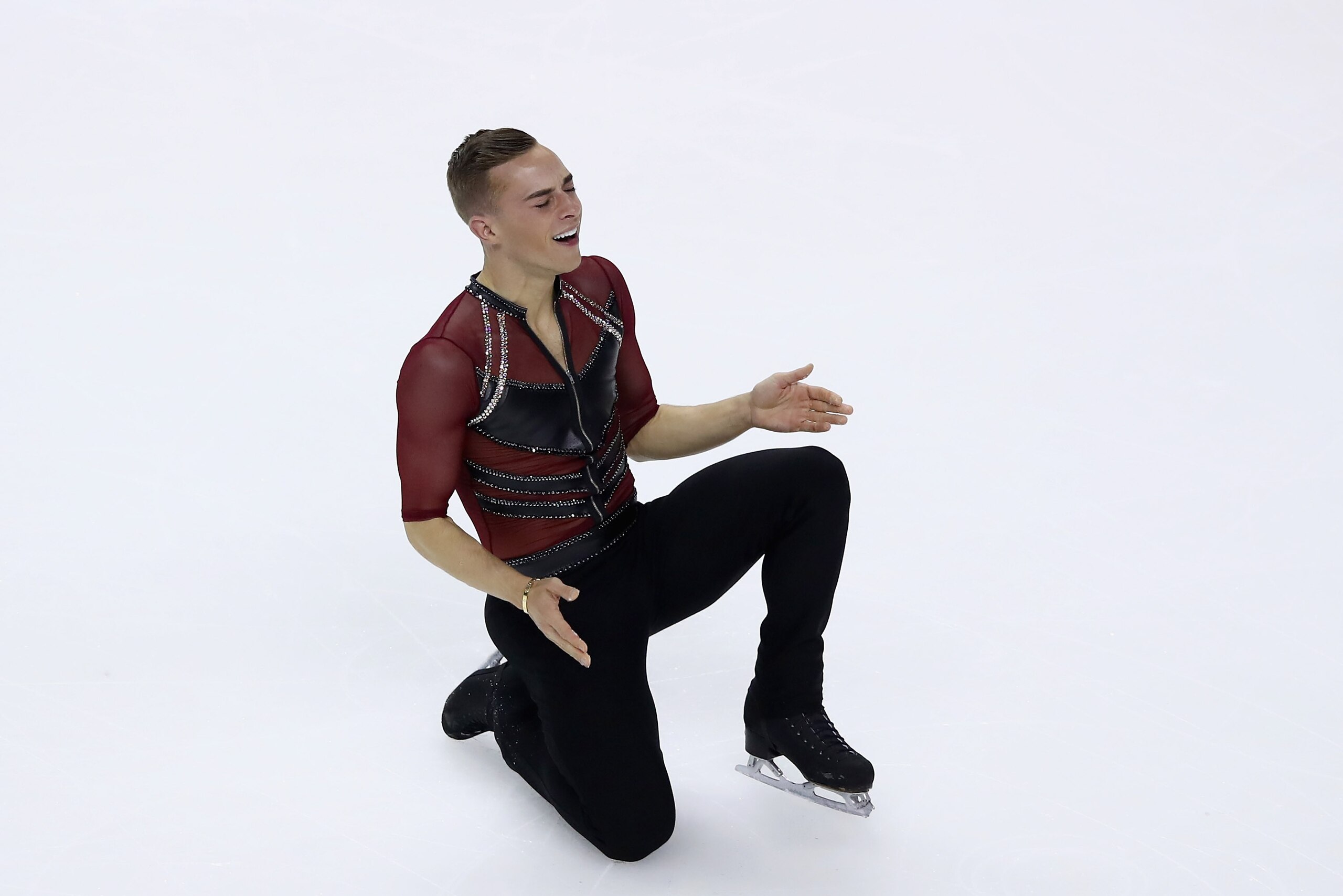 SAN JOSE, CA - JANUARY 04:  Adam Rippon reacts after finishing his routine in the Championship Men Short Program during Day 2 of the 2018 Prudential U.S. Figure Skating Championships at SAP Center at SAP Center on January 4, 2018 in San Jose, California. 