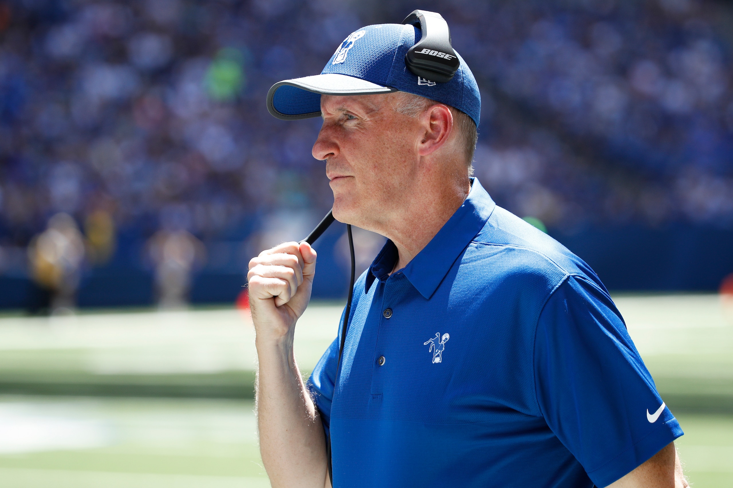 INDIANAPOLIS, IN - AUGUST 13: Assistant head coach Joe Philbin of the Indianapolis Colts looks on during a preseason game against the Detroit Lions at Lucas Oil Stadium on August 13, 2017 in Indianapolis, Indiana. The Lions won 24-10. (Photo by Joe Robbin