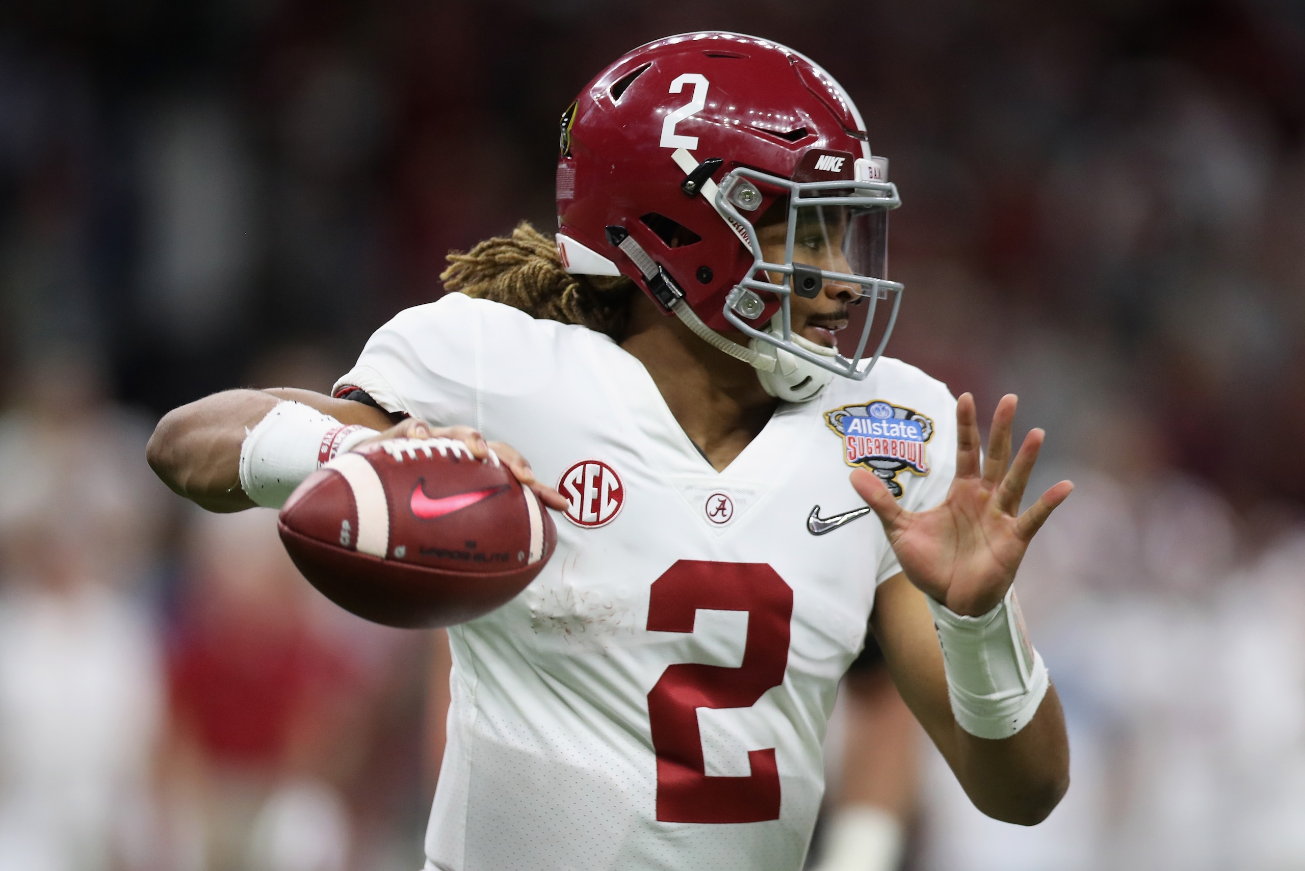 NEW ORLEANS, LA - JANUARY 01:  Jalen Hurts #2 of the Alabama Crimson Tide throws the ball in the seond half of the AllState Sugar Bowl against the Clemson Tigers at the Mercedes-Benz Superdome on January 1, 2018 in New Orleans, Louisiana.  (Photo by Chris