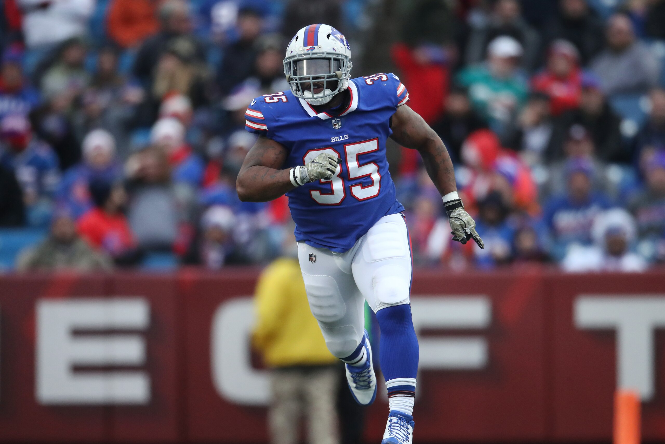 BUFFALO, NY - NOVEMBER 12: Mike Tolbert #35 of the Buffalo Bills in action during NFL game action against the New Orleans Saints at New Era Field on November 12, 2017 in Buffalo, New York. (Photo by Tom Szczerbowski/Getty Images)