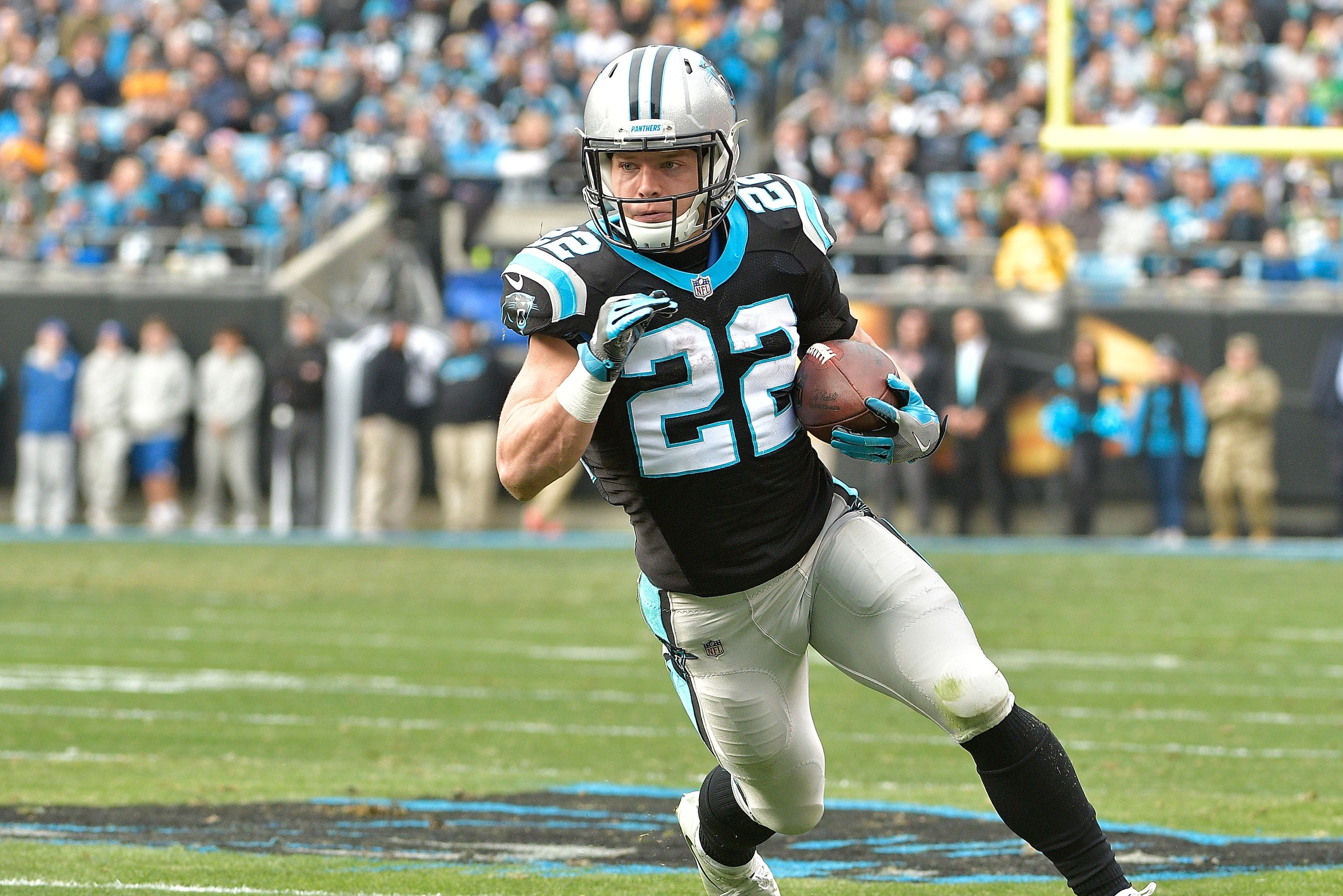 CHARLOTTE, NC - DECEMBER 17:  Christian McCaffrey #22 of the Carolina Panthers during their game against the Green Bay Packers at Bank of America Stadium on December 17, 2017 in Charlotte, North Carolina. The Panthers won 31-24.  (Photo by Grant Halverson