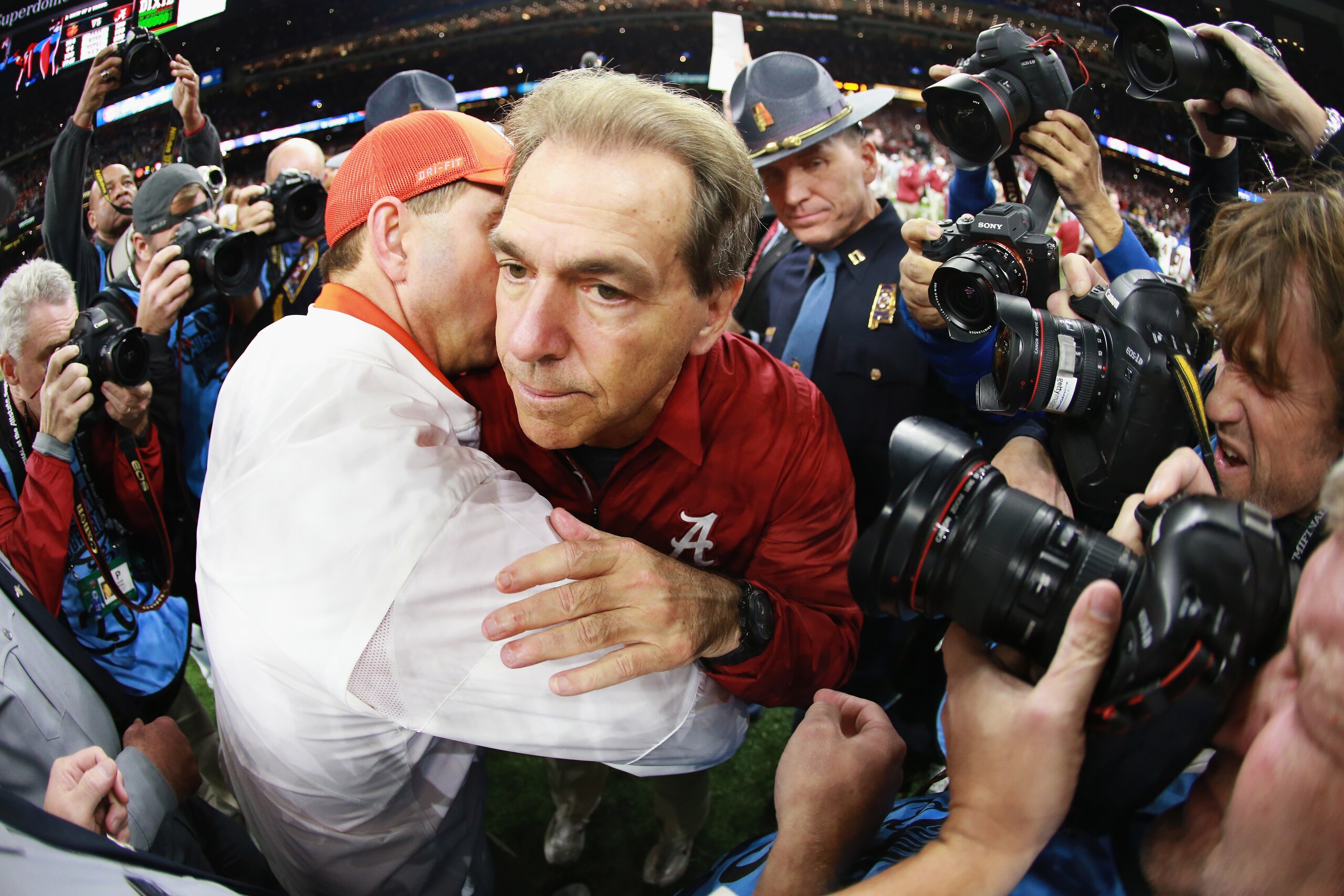 NEW ORLEANS, LA - JANUARY 01:  Head coach Nick Saban of the Alabama Crimson Tide and head coach Dabo Swinney of the Clemson Tigers greet after the AllState Sugar Bowl at the Mercedes-Benz Superdome on January 1, 2018 in New Orleans, Louisiana.  (Photo by 