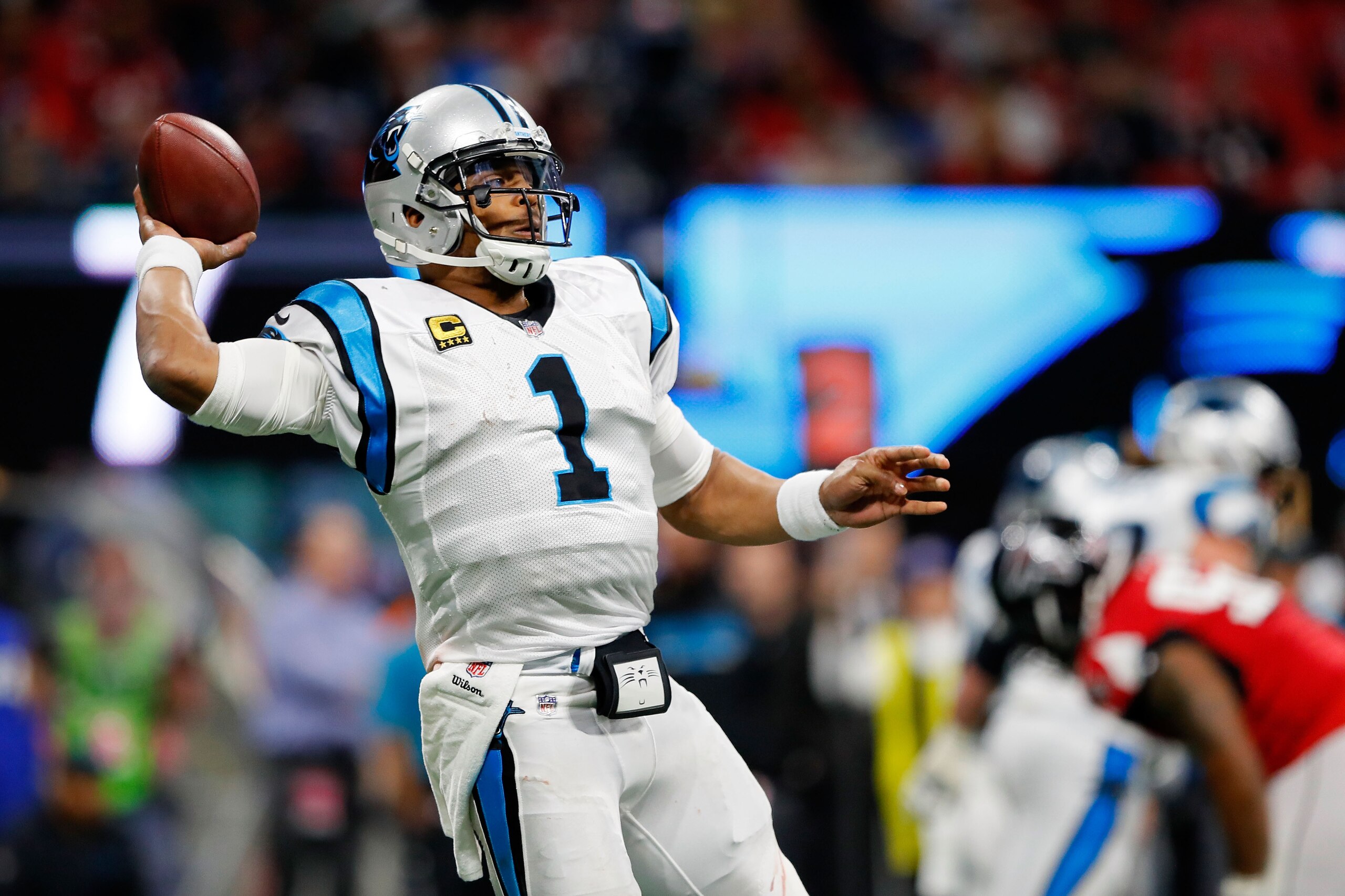 ATLANTA, GA - DECEMBER 31: Cam Newton #1 of the Carolina Panthers throws a pass during the second half against the Atlanta Falcons at Mercedes-Benz Stadium on December 31, 2017 in Atlanta, Georgia. (Photo by Kevin C.  Cox/Getty Images)
