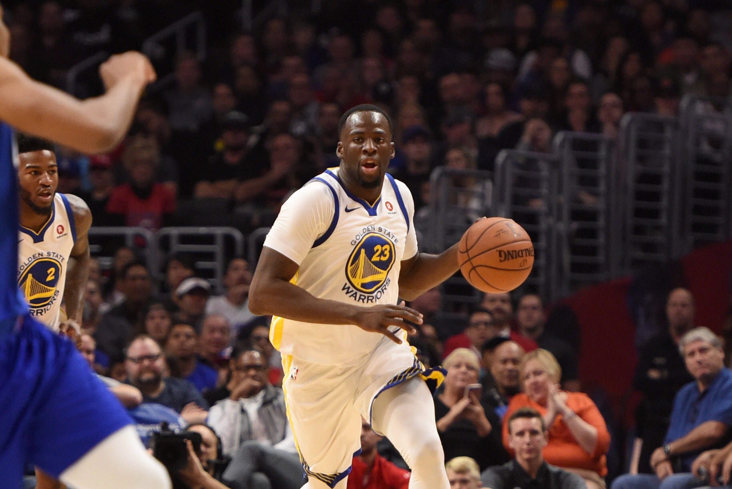 LOS ANGELES, CA - JANUARY 6: Draymond Green #23 of the Golden State Warriors handles the ball against the LA Clippers on January 6, 2018 at STAPLES Center in Los Angeles, California. NOTE TO USER: User expressly acknowledges and agrees that, by downloadin