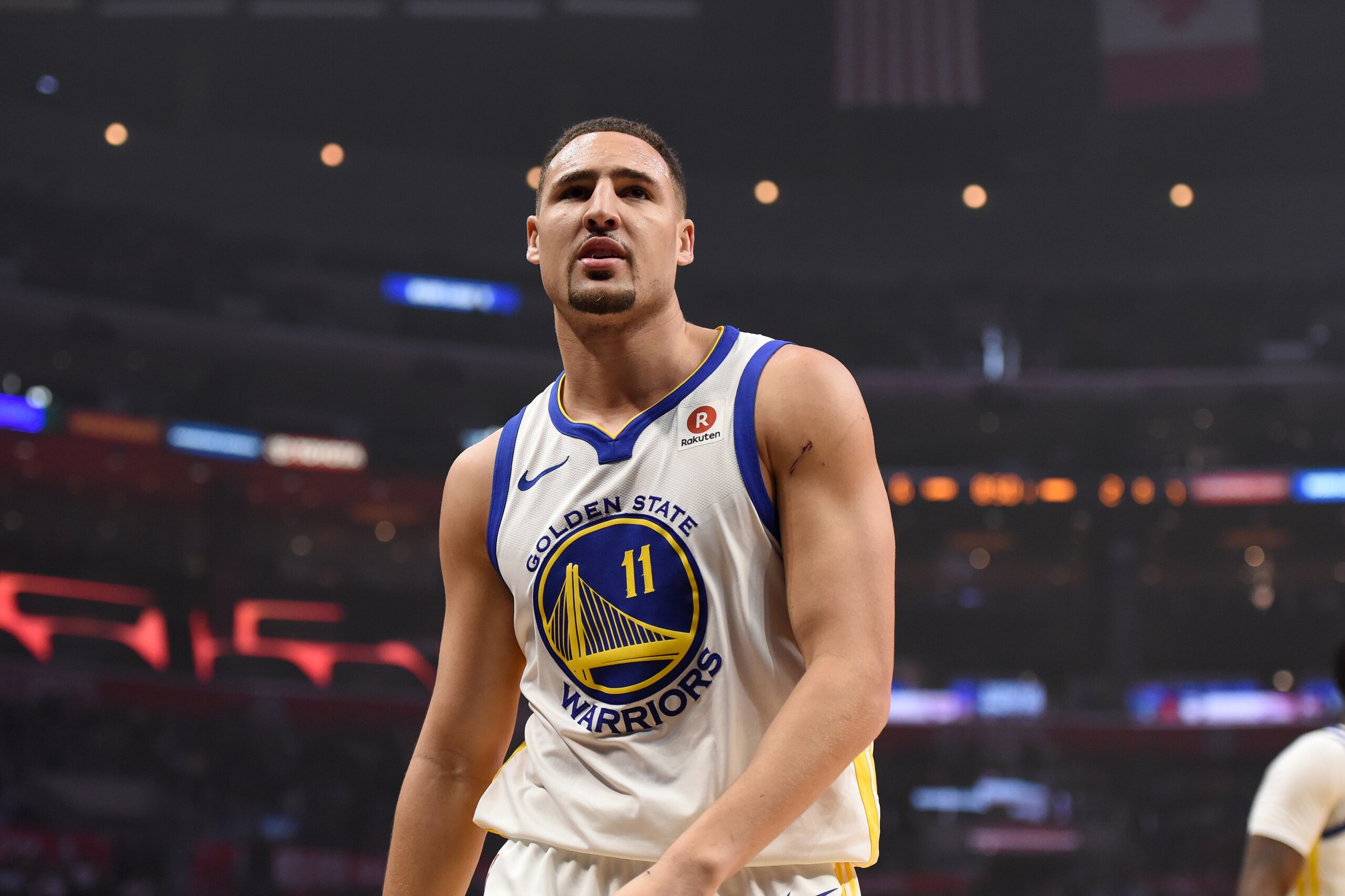 LOS ANGELES, CA - JANUARY 6: Klay Thompson #11 of the Golden State Warriors during the game against the LA Clippers on January 6, 2018 at STAPLES Center in Los Angeles, California. NOTE TO USER: User expressly acknowledges and agrees that, by downloading 