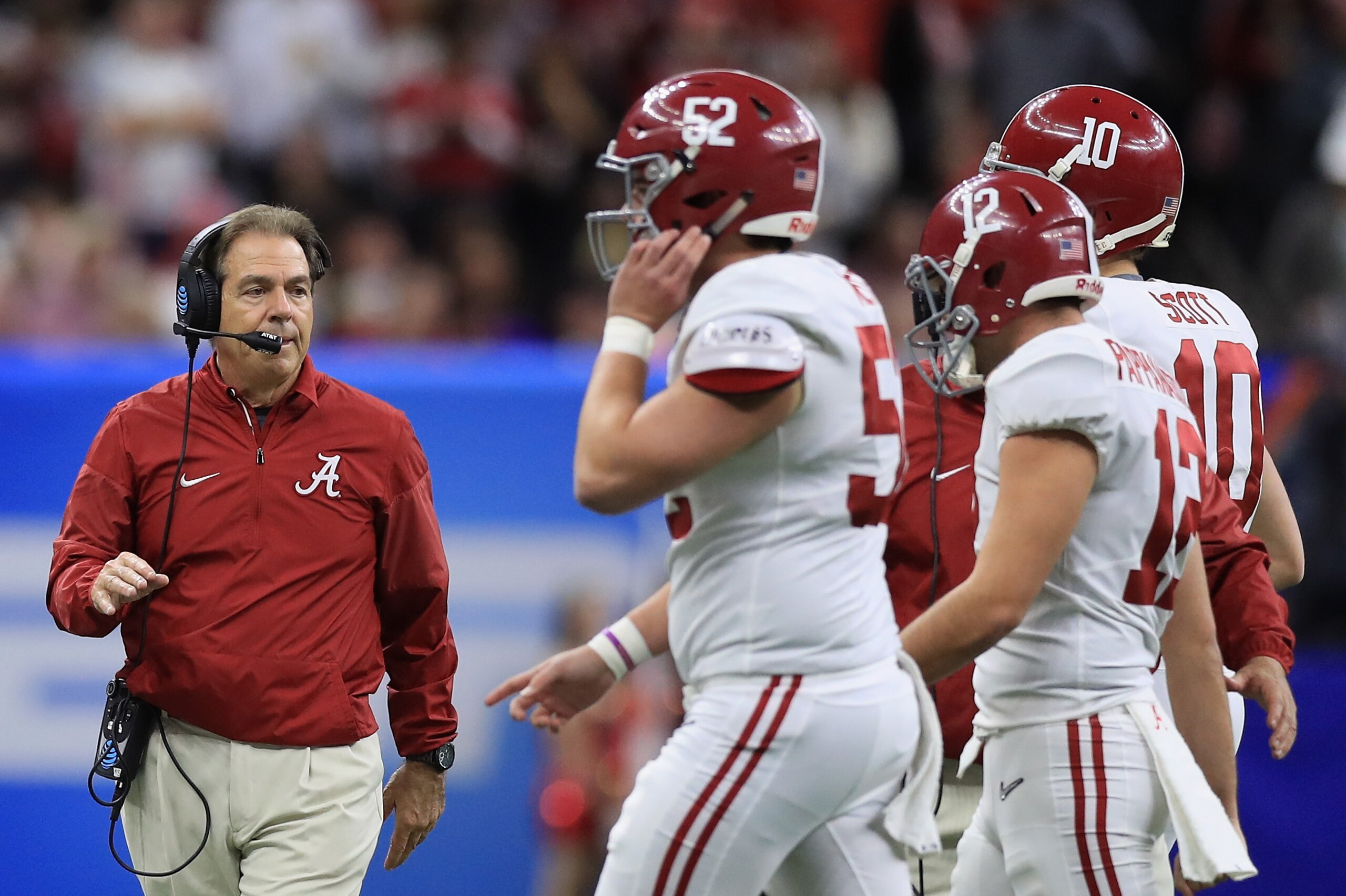 NEW ORLEANS, LA - JANUARY 01: Head coach Nick Saban of the Alabama Crimson Tide reacts in the first half of the AllState Sugar Bowl against the Clemson Tigers at the Mercedes-Benz Superdome on January 1, 2018 in New Orleans, Louisiana. (Photo by Ronald NEW ORLEANS, LA - JANUARY 01: Head coach Nick Saban of the Alabama Crimson Tide reacts in the first half of the AllState Sugar Bowl against the Clemson Tigers at the Mercedes-Benz Superdome on January 1, 2018 in New Orleans, Louisiana. (Photo by Ronald