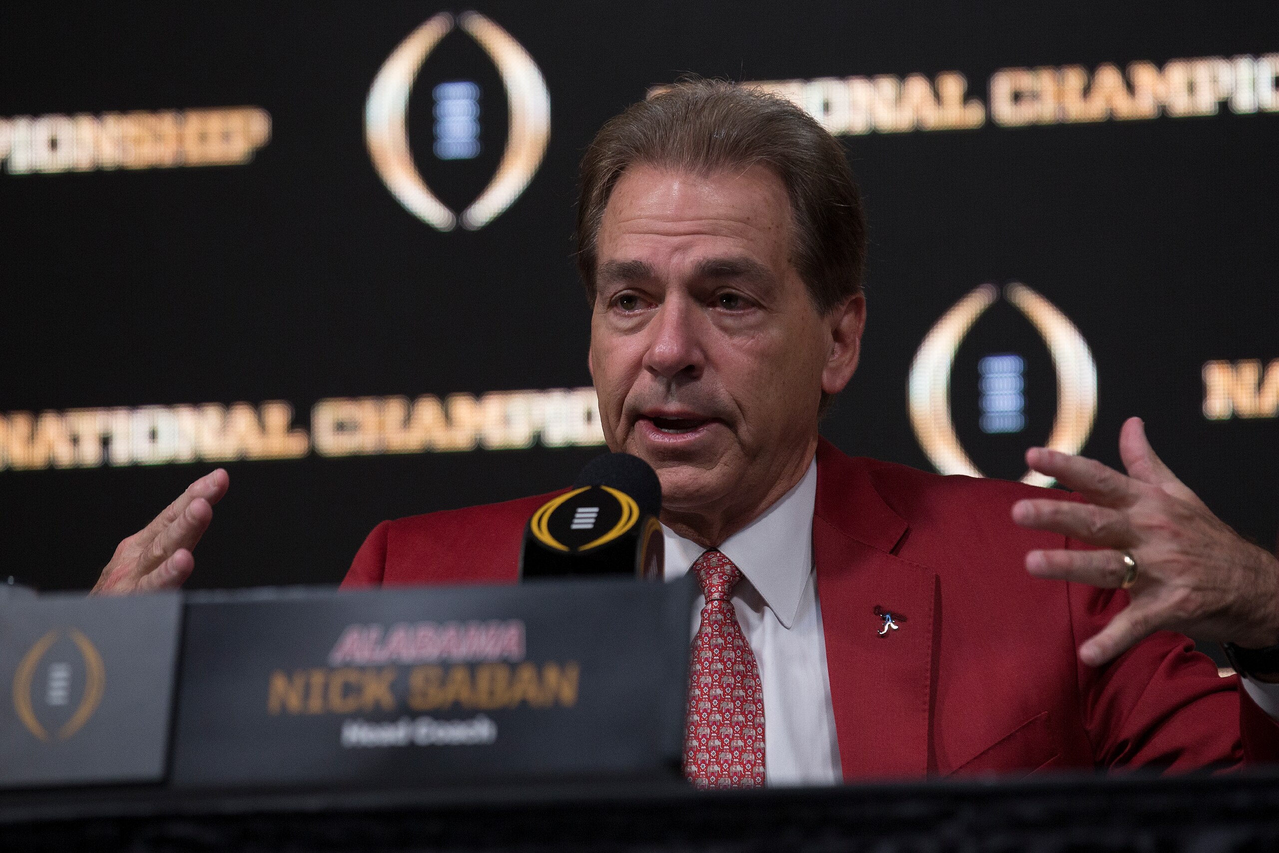 ATLANTA, GA - JANUARY 07:  University of Alabama head coach Nick Saban talks during the College Football Playoff National Championship Coaches Press Conference on January 7, 2018 in Atlanta, Georgia.  (Photo by Mike Zarrilli/Getty Images)