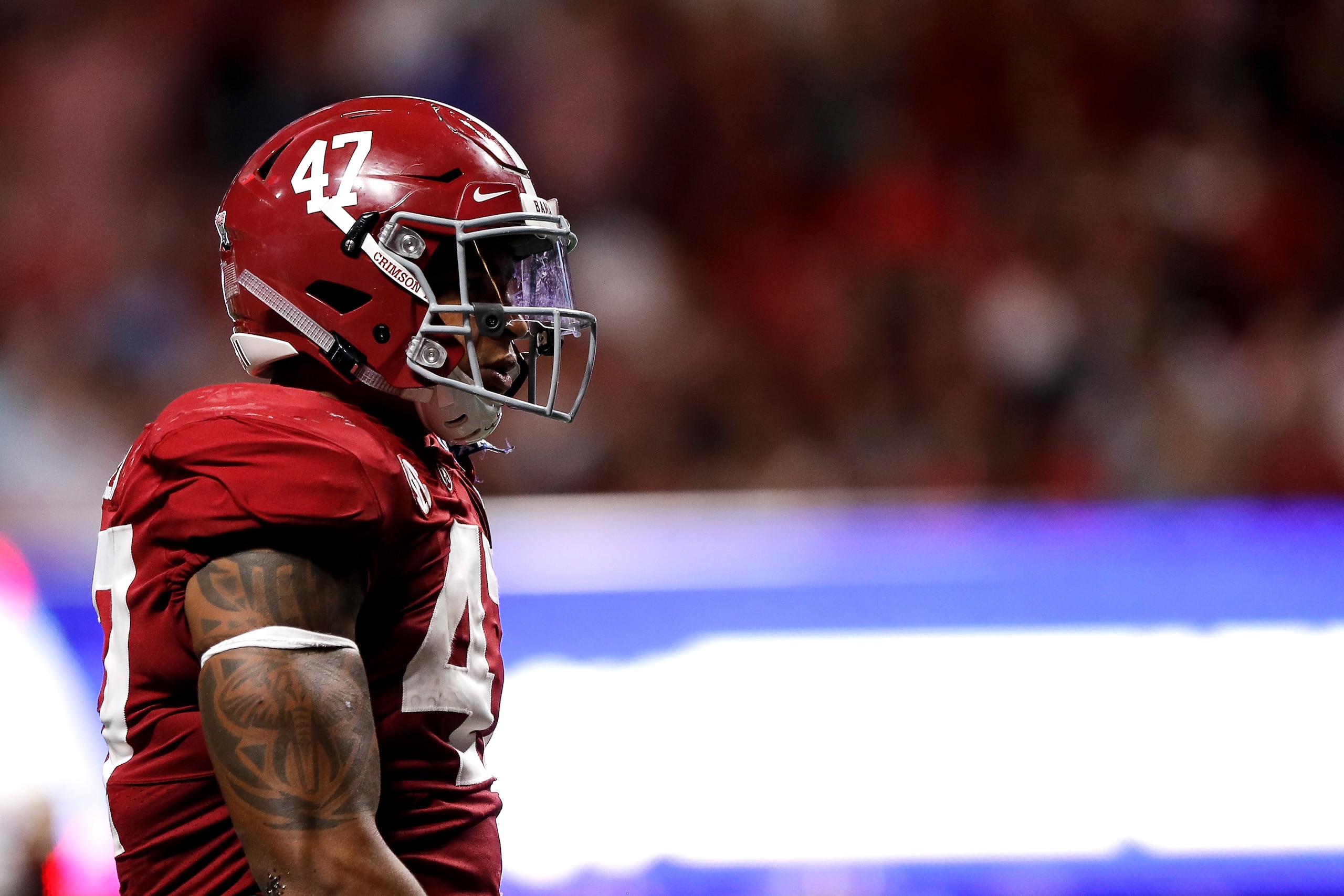 ATLANTA, GA - SEPTEMBER 02: Linebacker Christian Miller #47 of the #1 ranked Alabama Crimson Tide on a play against the #3 ranked Florida State Seminoles during the Chick-fil-A Kickoff Game at Mercedes-Benz Stadium on September 2, 2017 in Atlanta, Georgia