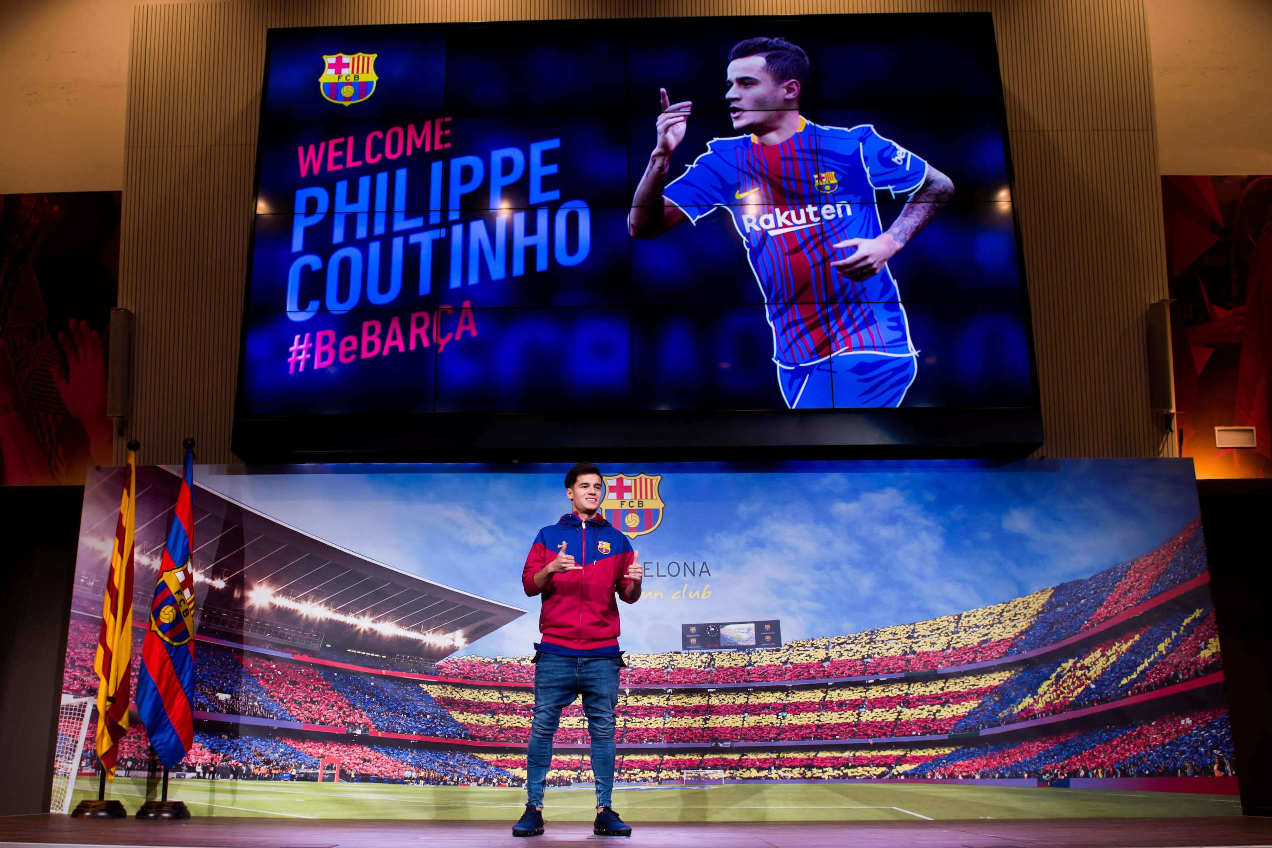 BARCELONA, SPAIN - JANUARY 07:  Philippe Coutinho poses prior to signing his new contract with FC Barcelona at Camp Nou on January 7, 2018 in Barcelona, Spain. The Brazilian player signed from Liverpool, has agreed a deal with the Catalan club until 2023 