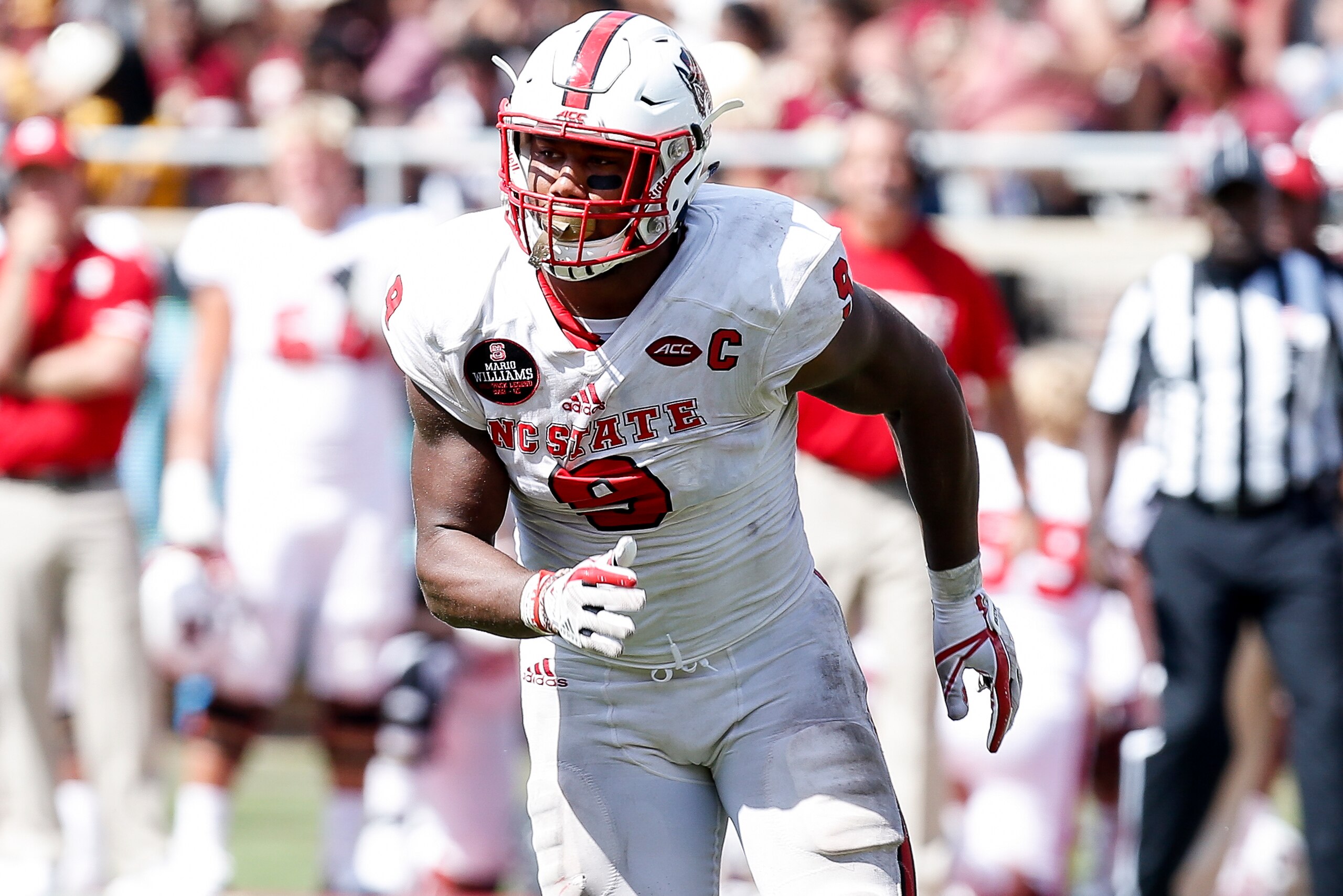 TALLAHASSEE, FL - SEPTEMBER 23: Defensive End Bradley Chubb #9 of the North Carolina State Wolfpack during the game against the Florida State Seminoles at Doak Campbell Stadium on Bobby Bowden Field on September 23, 2017 in Tallahassee, Florida. NC State 