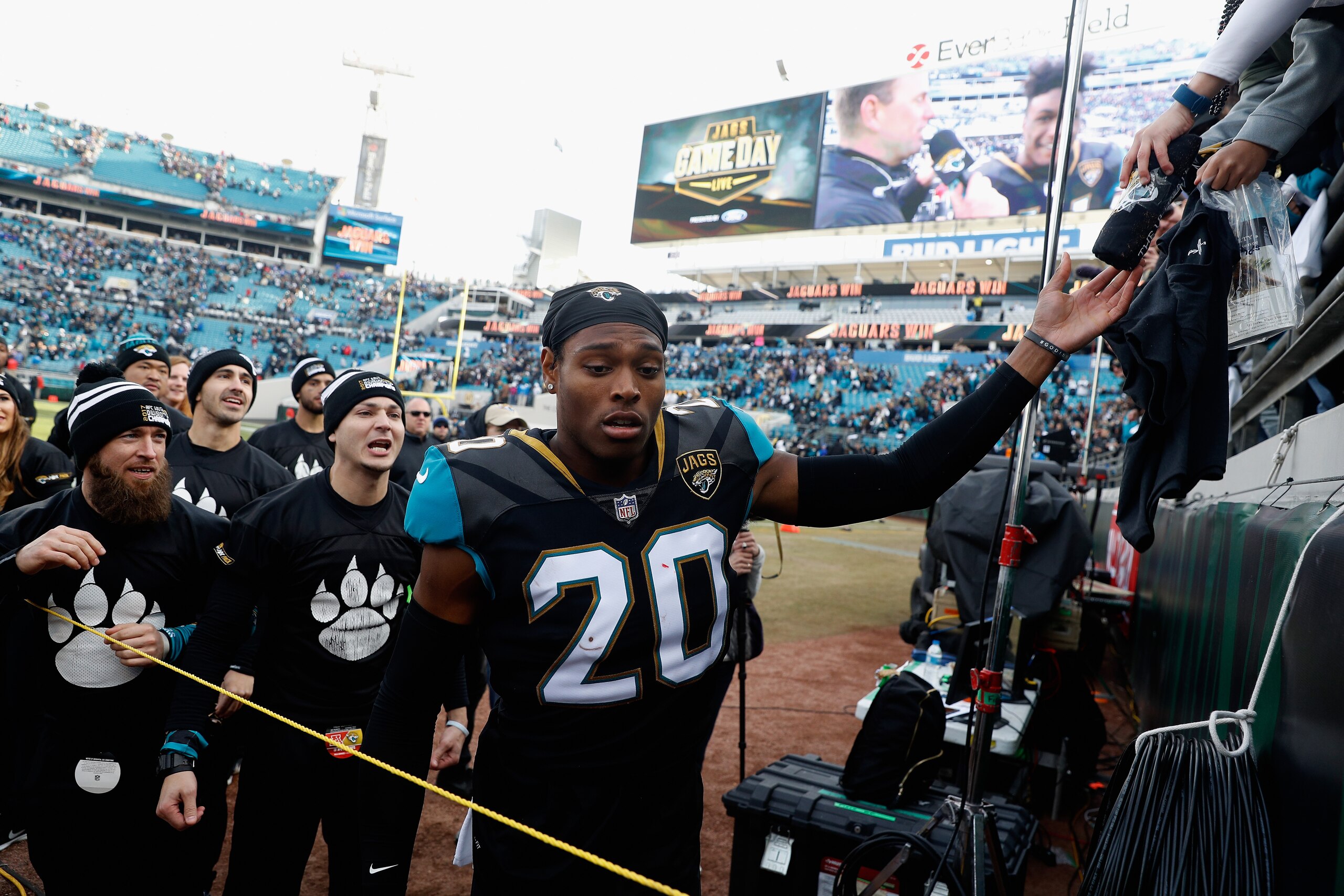 JACKSONVILLE, FL - JANUARY 07:  Cornerback Jalen Ramsey #20 of the Jacksonville Jaguars celebrates following the Jaguars 10-3 win over the Buffalo Bills during the AFC Wild Card Playoff game at EverBank Field on January 7, 2018 in Jacksonville, Florida.  