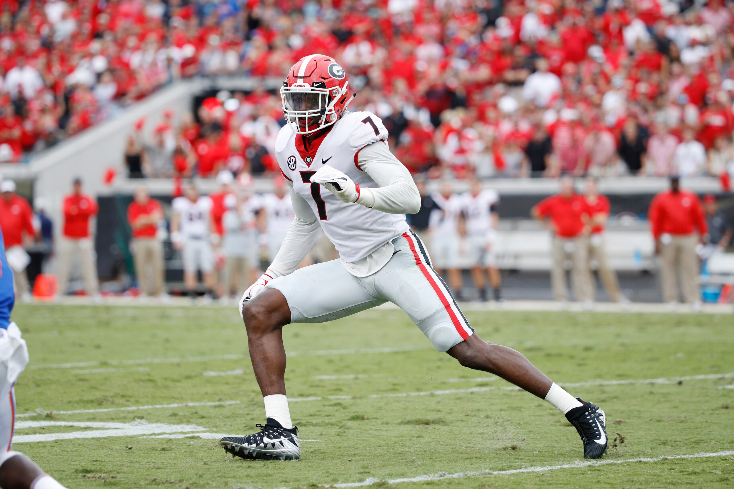 JACKSONVILLE, FL - OCTOBER 28: Lorenzo Carter #7 of the Georgia Bulldogs in action during a game against the Florida Gators at EverBank Field on October 28, 2017 in Jacksonville, Florida. Georgia defeated Florida 42-7. (Photo by Joe Robbins/Getty Images) JACKSONVILLE, FL - OCTOBER 28: Lorenzo Carter #7 of the Georgia Bulldogs in action during a game against the Florida Gators at EverBank Field on October 28, 2017 in Jacksonville, Florida. Georgia defeated Florida 42-7. (Photo by Joe Robbins/Getty Images)
