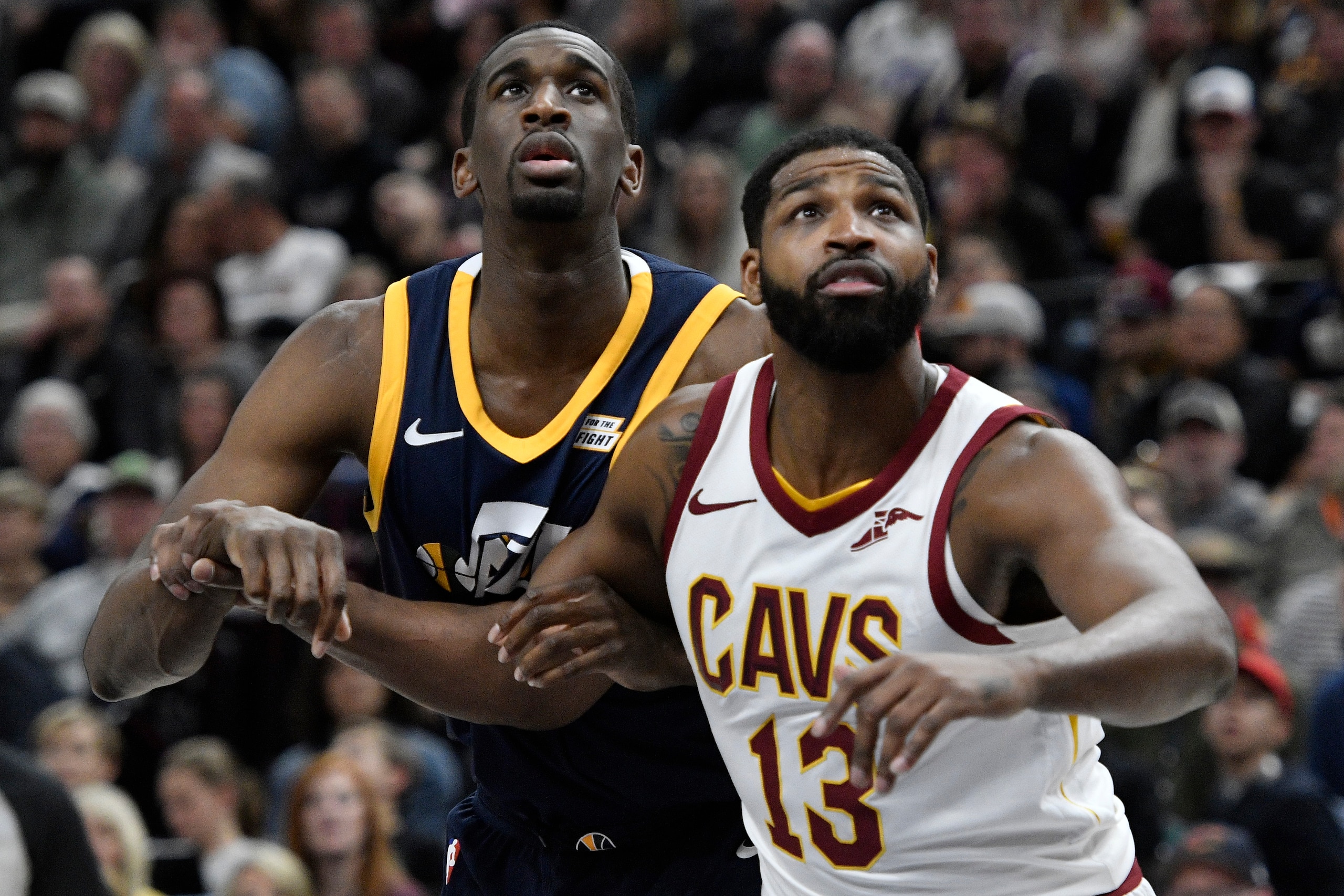 SALT LAKE CITY, UT - DECEMBER 30: Ekpe Udoh #33 of the Utah Jazz and Tristan Thompson #13 of the Cleveland Cavaliers fight for a rebound during their game at Vivint Smart Home Arena on December 30, 2017 in Salt Lake City, Utah. NOTE TO USER: User expressl