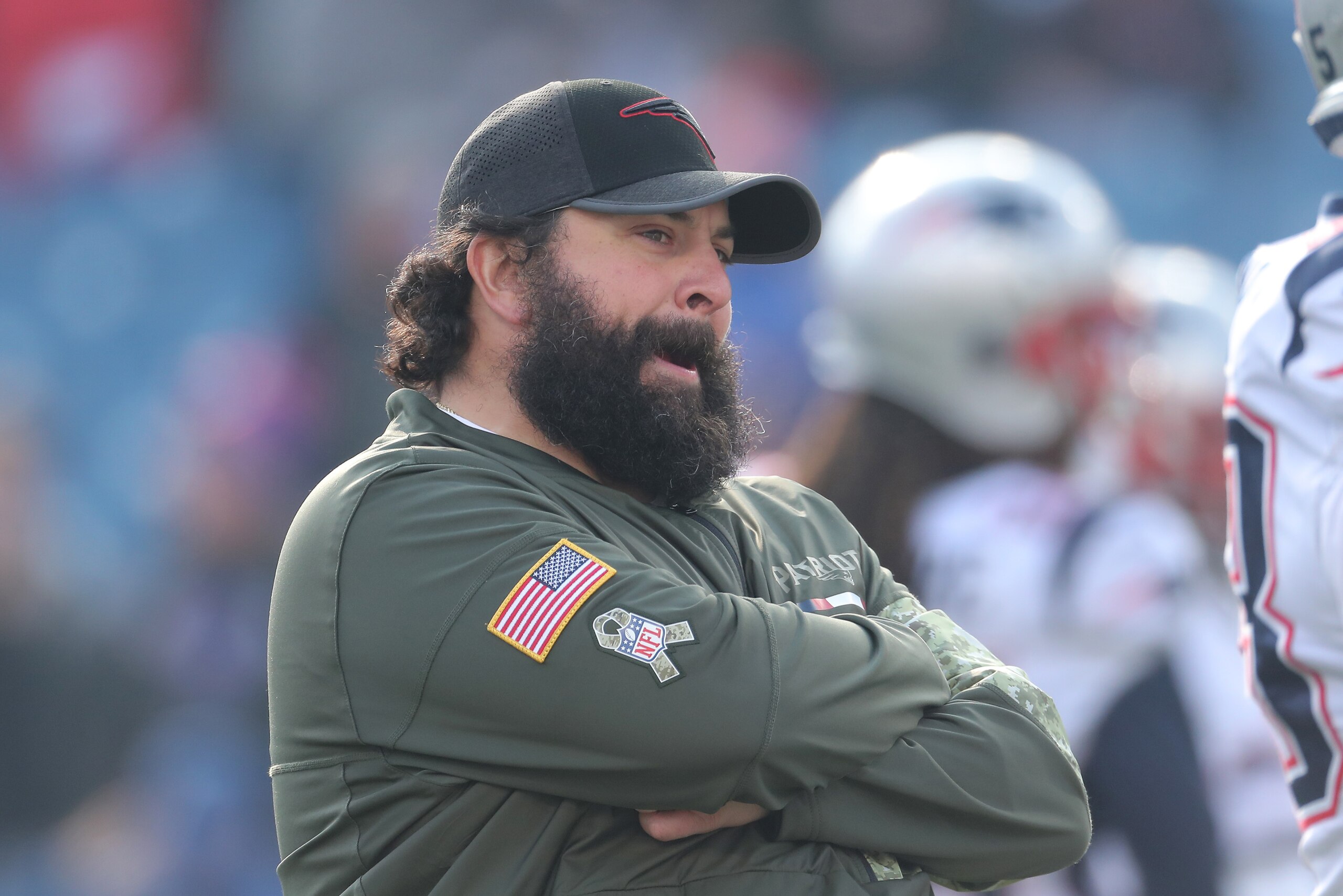 BUFFALO, NY - DECEMBER 3: Defensive coordinator Matt Patricia of the New England Patriots looks on from the field during pre-game warmups before the start of NFL game action against the Buffalo Bills at New Era Field on December 3, 2017 in Buffalo, New Yo