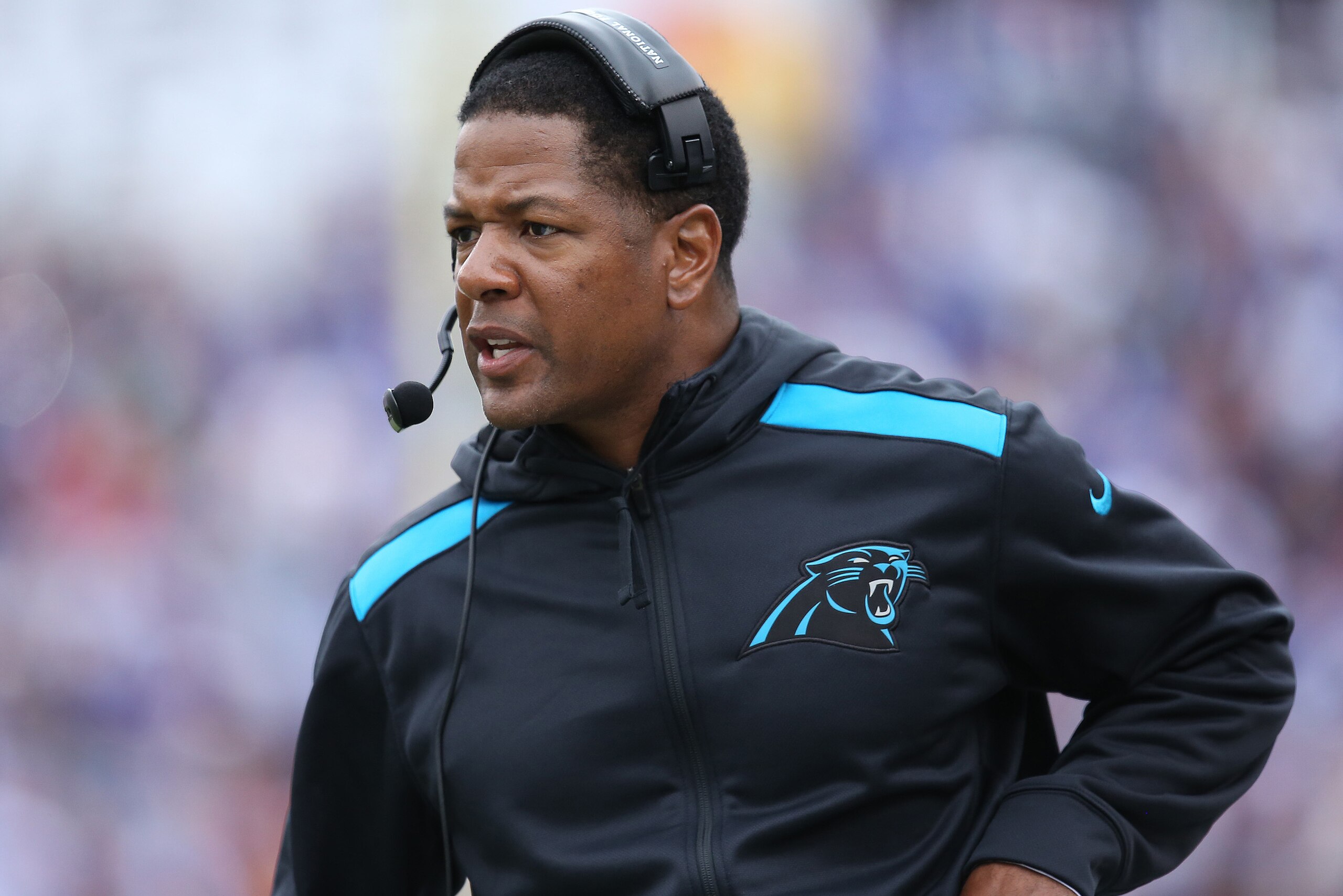 ORCHARD PARK, NY - SEPTEMBER 15: Secondary/Pass Defense Coordinator Steve Wilks of the Carolina Panthers during NFL game action against the Buffalo Bills at Ralph Wilson Stadium on September 15, 2013 in Orchard Park, New York. (Photo by Tom Szczerbowski/G