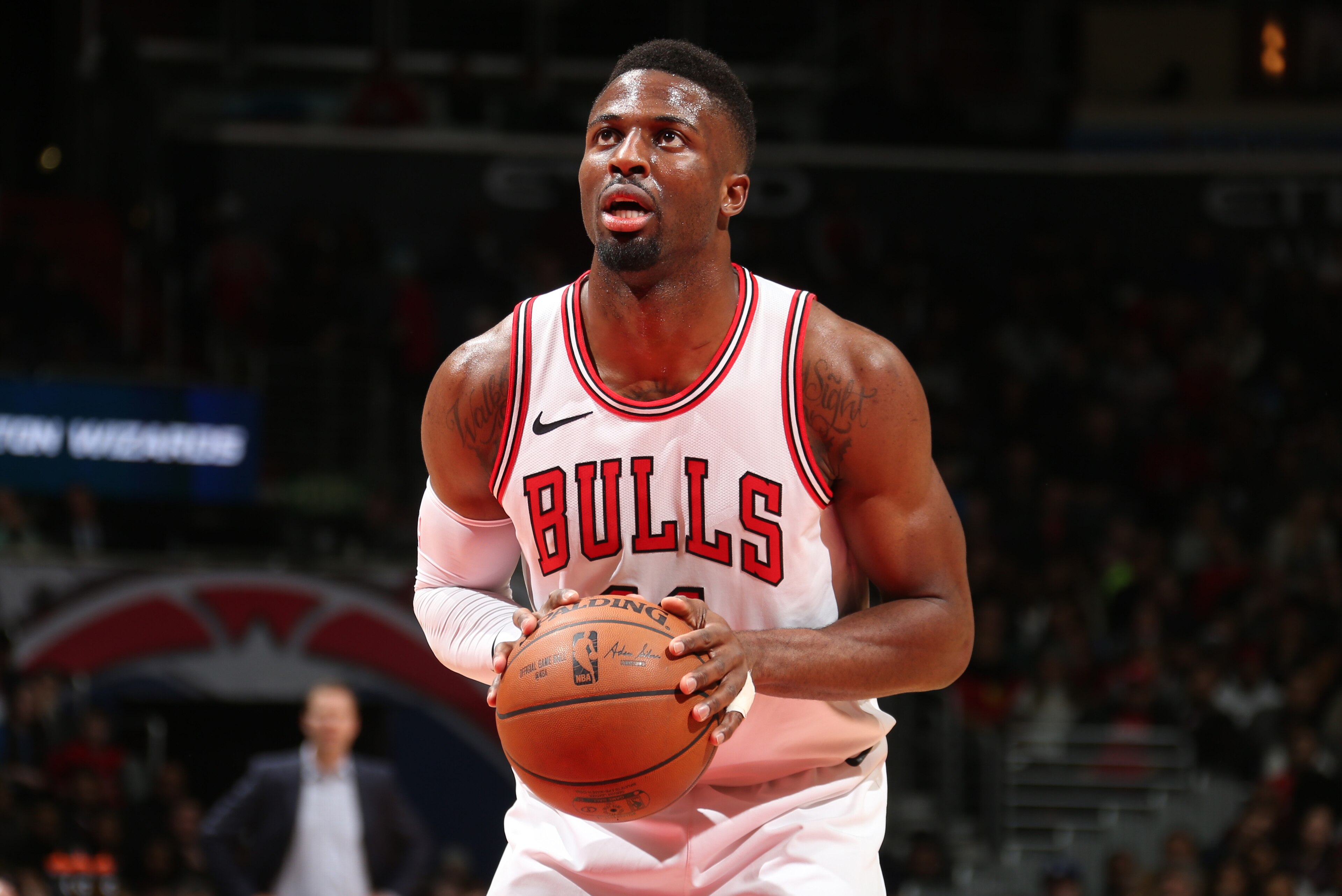 WASHINGTON, DC - DECEMBER 31:   David Nwaba #11 of the Chicago Bulls shoots the ball against the Washington Wizards on December 31, 2017 at Capital One Arena in Washington, DC. NOTE TO USER: User expressly acknowledges and agrees that, by downloading and 