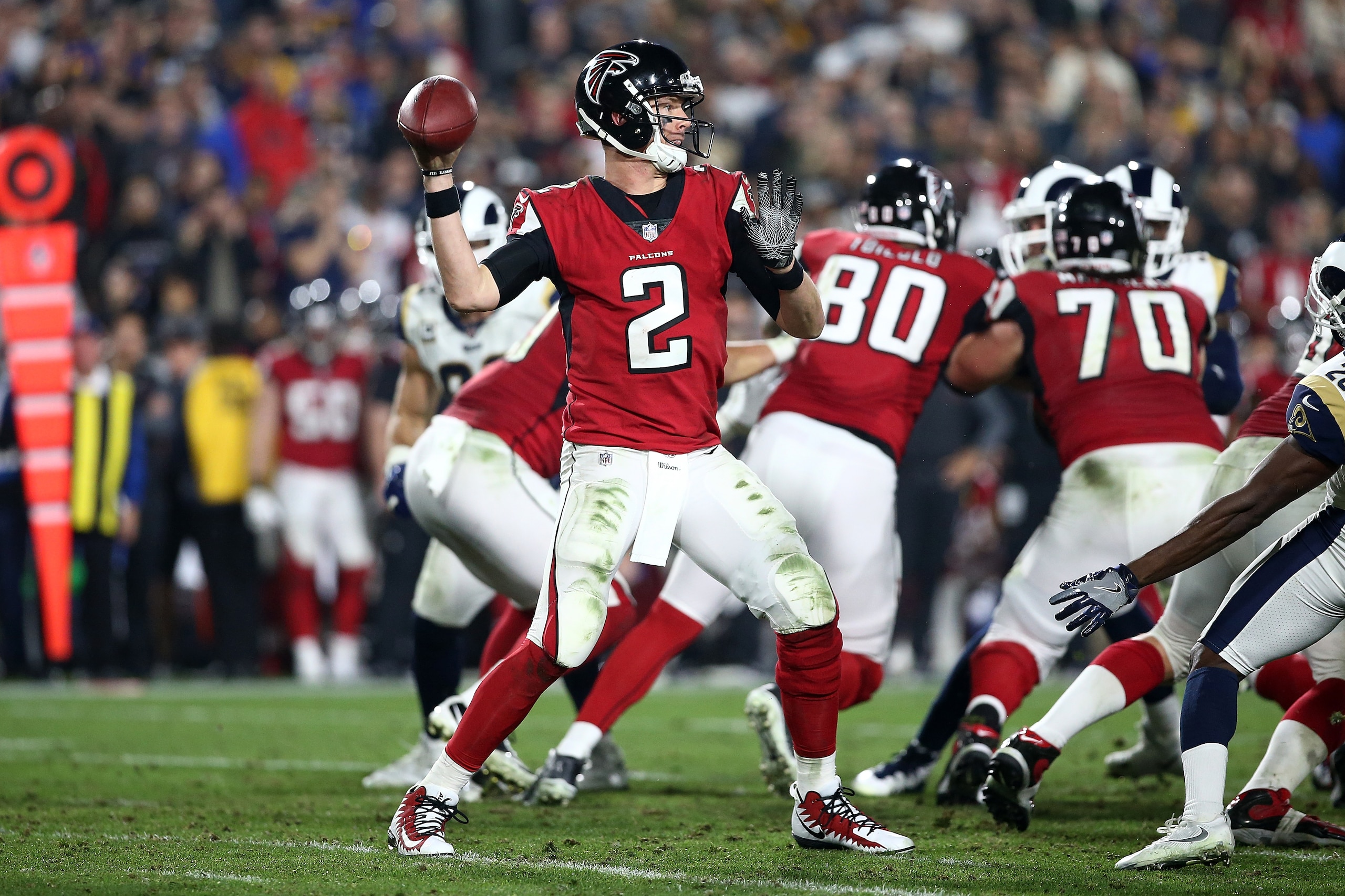 LOS ANGELES, CA - JANUARY 06:  Matt Ryan #2 of the Atlanta Falcons throws a pass during the NFC Wild Card Playoff Game against the Los Angeles Rams at the Los Angeles Coliseum on January 6, 2018 in Los Angeles, California.  (Photo by Sean M. Haffey/Getty 