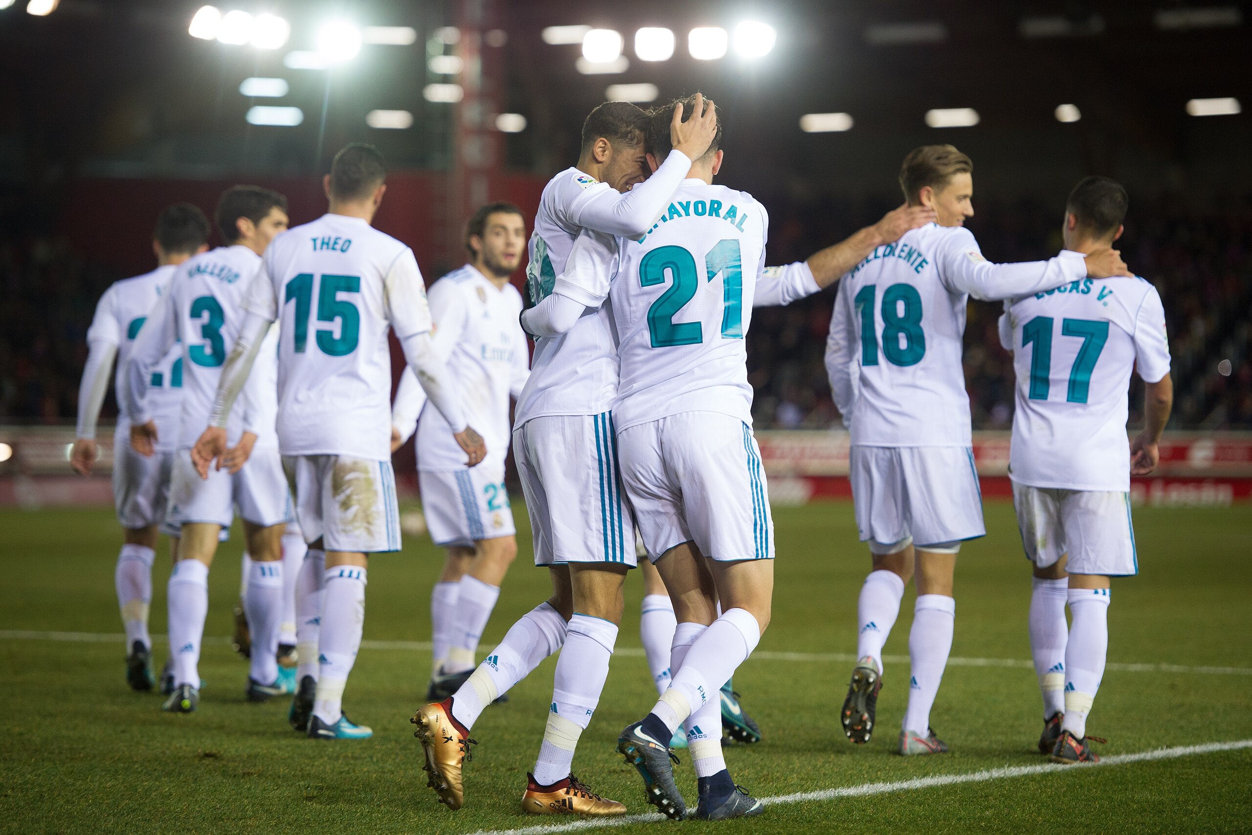 SORIA, SPAIN - JANUARY 04: Borja Mayoral of Real Madrid celebrates with Achraf Hakimi after scoring his team's 3rd goal during the Copa del Rey match between Numancia and Real Madrid at Nuevo Estadio Los Pajarito on January 4, 2018 in Soria, Spain. (Photo