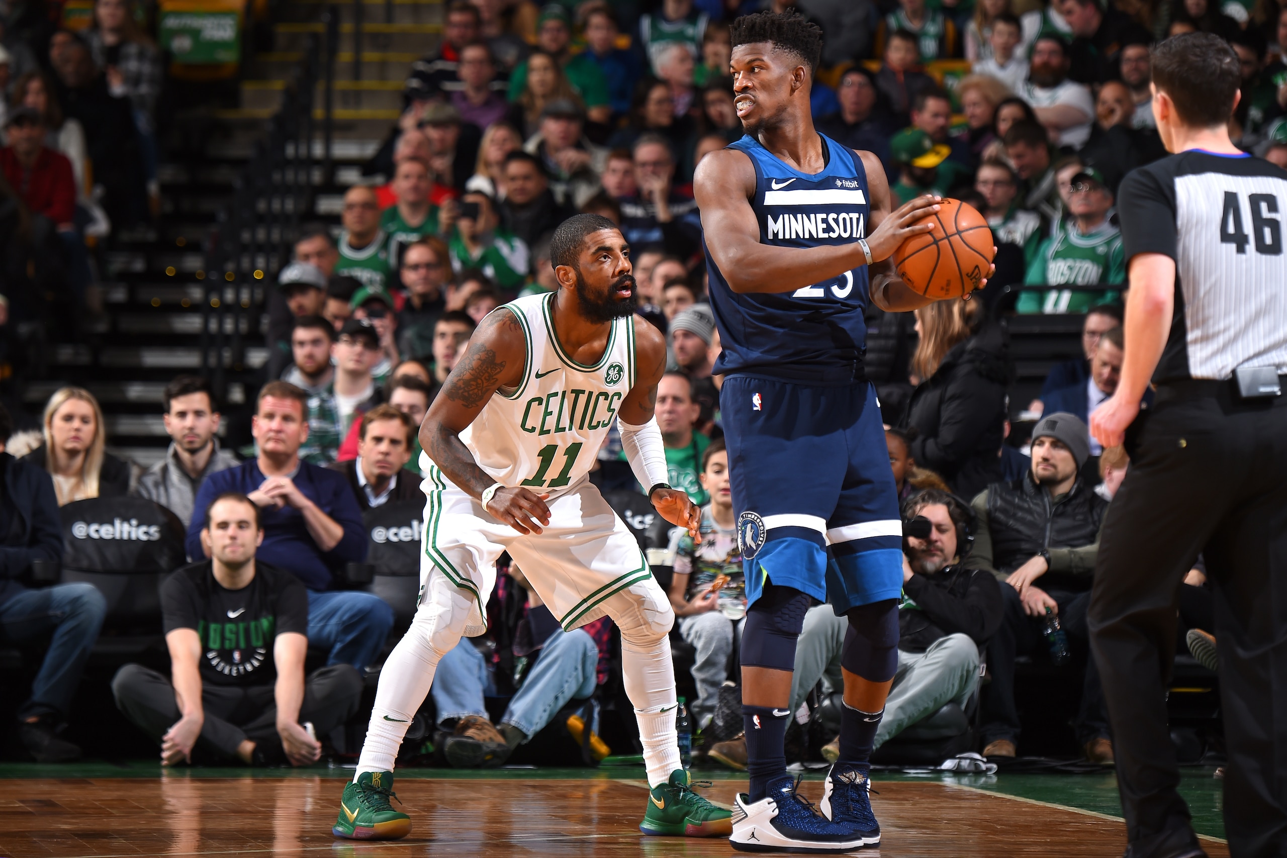 BOSTON, MA - JANUARY 5: Jimmy Butler #23 of the Minnesota Timberwolves handles the ball against Kyrie Irving #11 of the Boston Celtics on January 5, 2018 at the TD Garden in Boston, Massachusetts. NOTE TO USER: User expressly acknowledges and agrees that BOSTON, MA - JANUARY 5: Jimmy Butler #23 of the Minnesota Timberwolves handles the ball against Kyrie Irving #11 of the Boston Celtics on January 5, 2018 at the TD Garden in Boston, Massachusetts. NOTE TO USER: User expressly acknowledges and agrees that