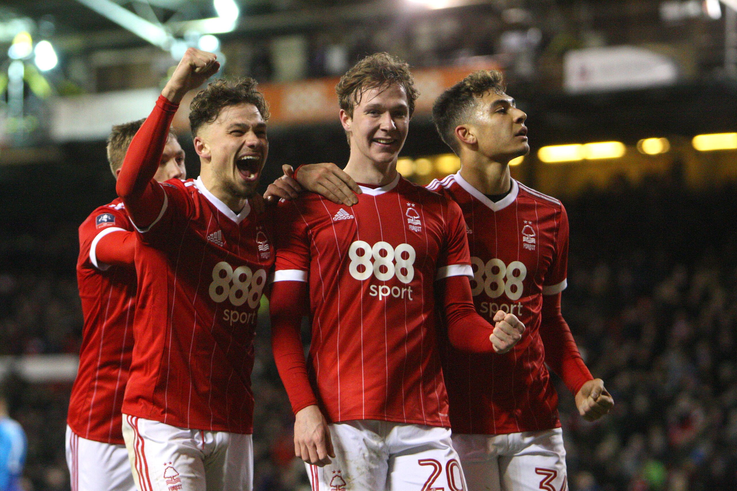 The Forest players can'tt hide their emotion as they secure a 4-2 win over FA Cup holders Arsenal  during The Emirates FA Cup Third Round match between Nottingham Forest and Arsenal at City Ground on January 7, 2018 in Nottingham, England.