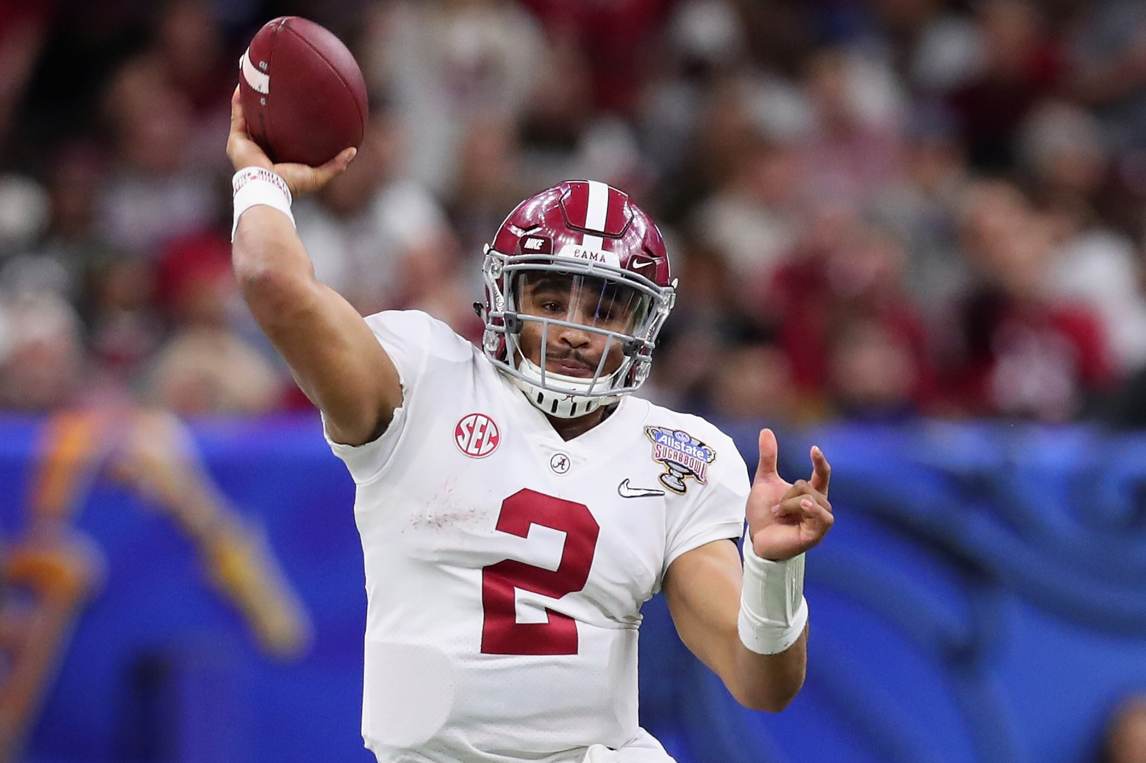 NEW ORLEANS, LA - JANUARY 01:  Jalen Hurts #2 of the Alabama Crimson Tide throws the ball in the seond half of the AllState Sugar Bowl against the Clemson Tigers at the Mercedes-Benz Superdome on January 1, 2018 in New Orleans, Louisiana.  (Photo by Tom P
