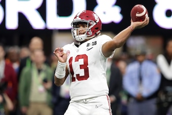 ATLANTA, GA - JANUARY 08: Tua Tagovailoa #13 of the Alabama Crimson Tide throws a pass during the second half against the Georgia Bulldogs in the CFP National Championship presented by AT&T at Mercedes-Benz Stadium on January 8, 2018 in Atlanta, Georgia. 