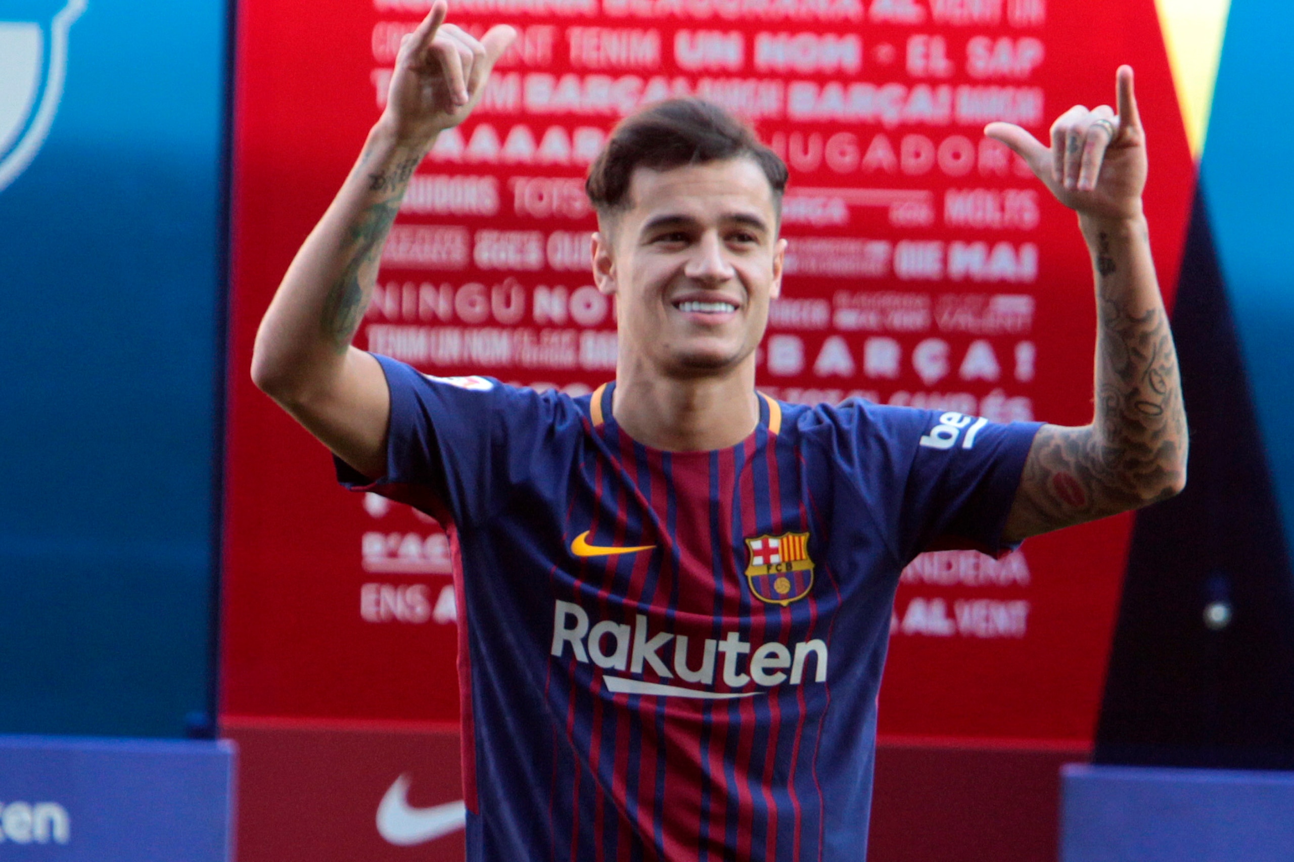 BARCELONA, SPAIN - JANUARY 08:  New Barcelona signing Philippe Coutinho is unveiled at the Camp Nou on January 8, 2018 in Barcelona, Spain. The Brazilian player signed from Liverpool, has agreed a deal with the Catalan club until 2023 season.  (Photo by M