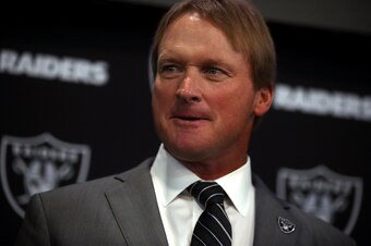 ALAMEDA, CA - JANUARY 09:  Oakland Raiders new head coach Jon Gruden looks on during a news conference at Oakland Raiders headquarters on January 9, 2018 in Alameda, California. Jon Gruden has returned to the Oakland Raiders after leaving the team in 2001