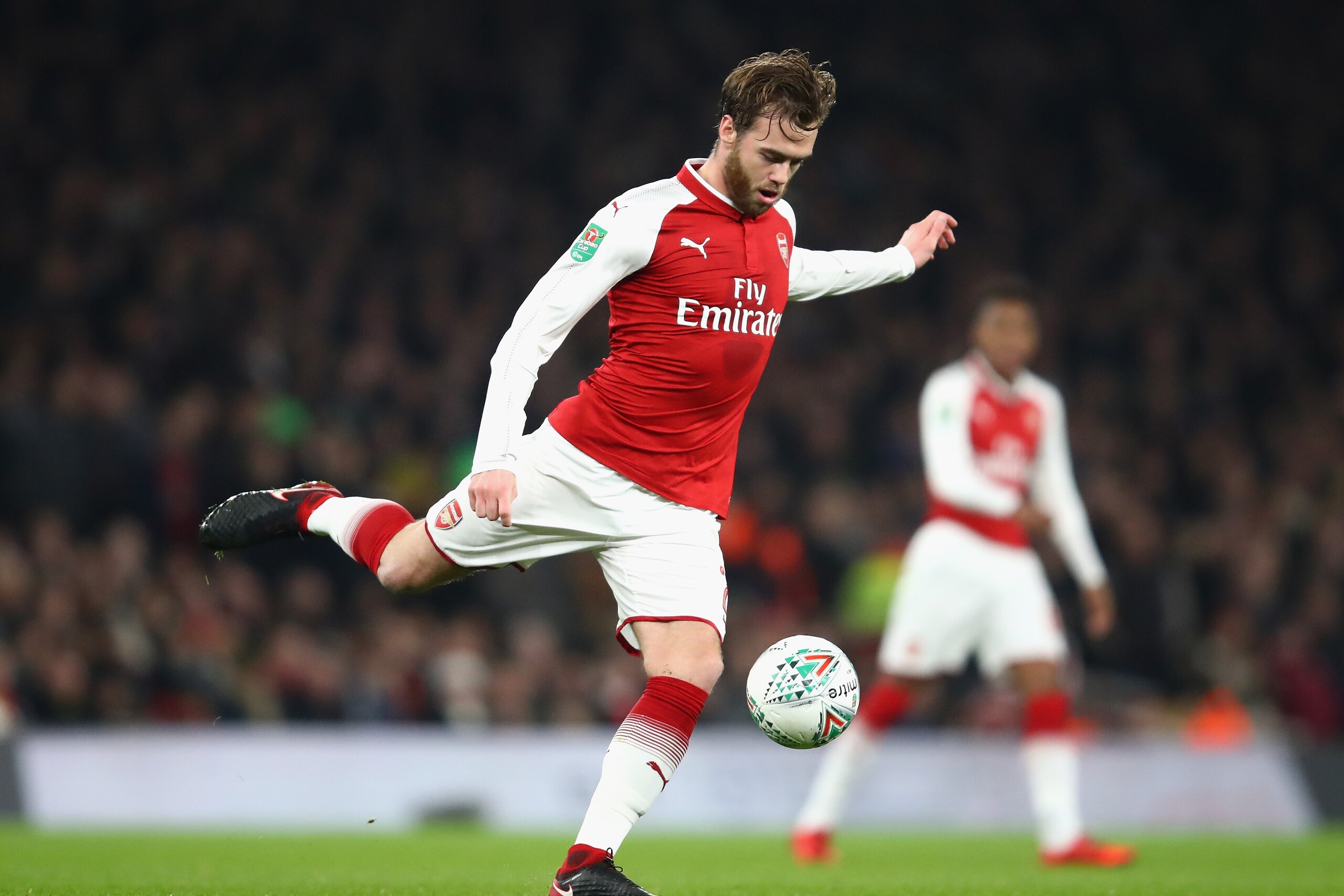 LONDON, ENGLAND - DECEMBER 19:  Calum Chambers of Arsenal in action during the Carabao Cup Quarter-Final match between Arsenal and West Ham United at Emirates Stadium on December 19, 2017 in London, England.  (Photo by Julian Finney/Getty Images)