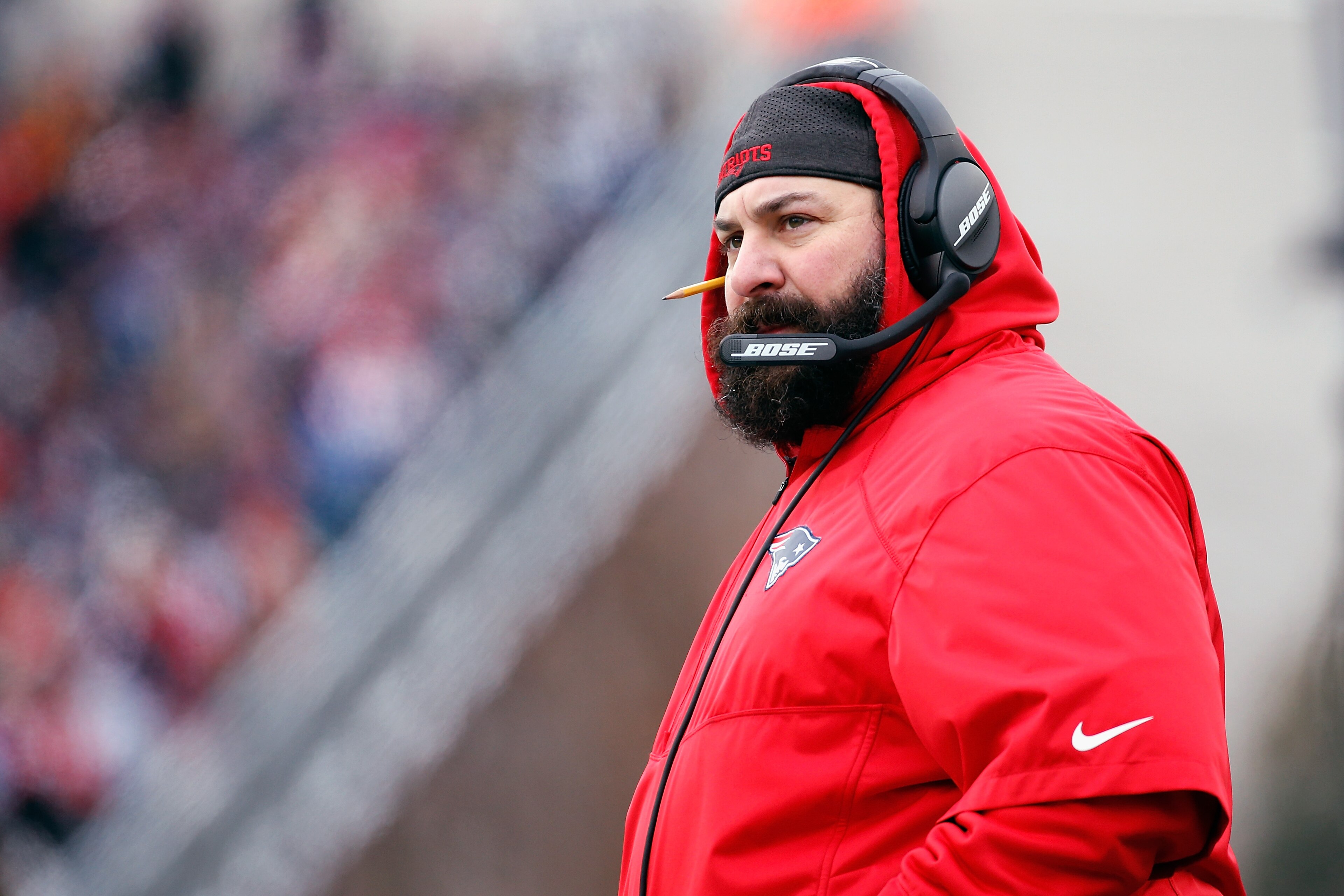 FOXBORO, MA - DECEMBER 31:  New England Patriots defensive coordinator Matt Patricia looks on during the first half against the New York Jets at Gillette Stadium on December 31, 2017 in Foxboro, Massachusetts.  (Photo by Jim Rogash/Getty Images)