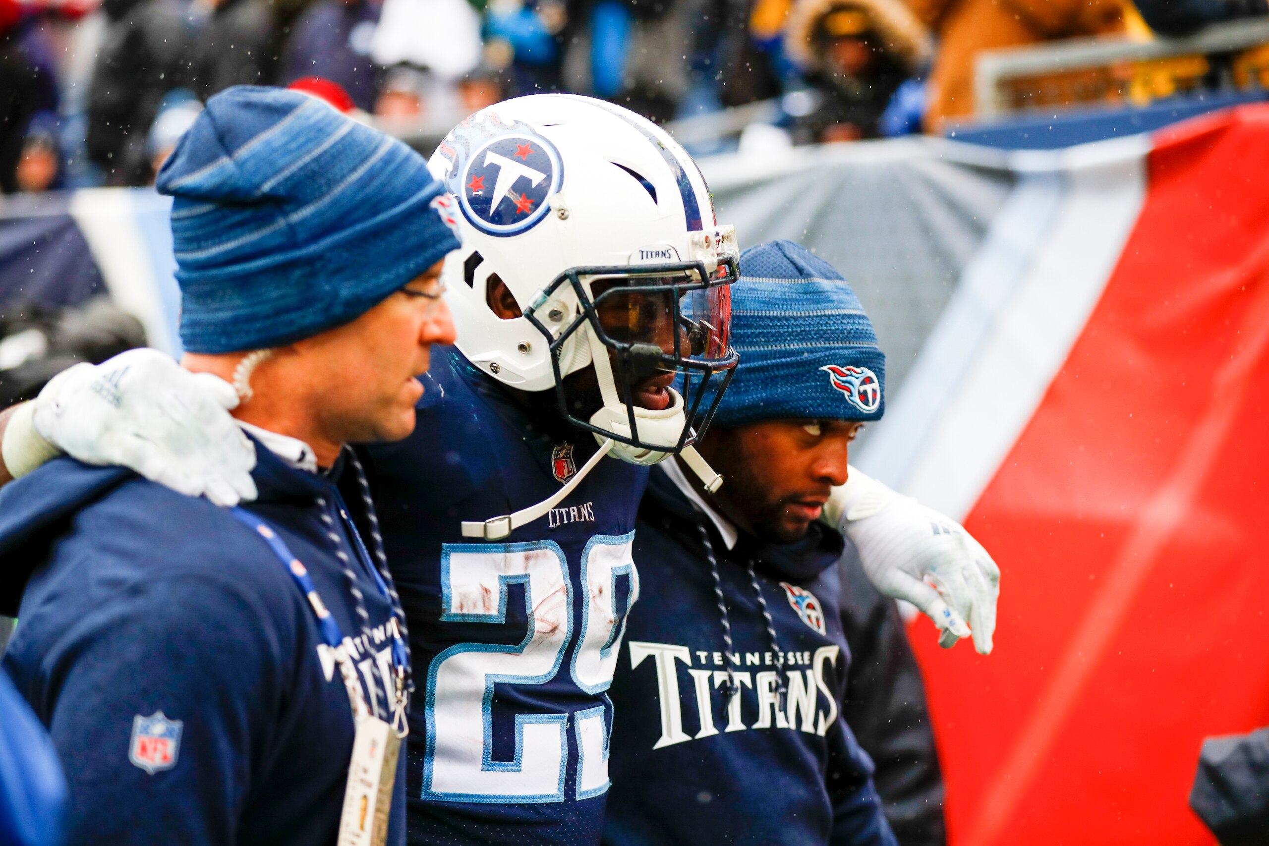 NASHVILLE, TN - DECEMBER 24: Running Back DeMarco Murray  #29 of the Tennessee Titans is helped off the field during a game against the Los Angeles Rams at Nissan Stadium on December 24, 2017 in Nashville, Tennessee. (Photo by Wesley Hitt/Getty Images)