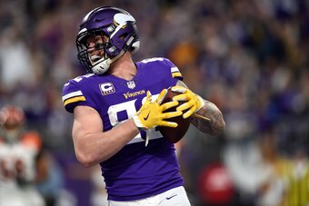 MINNEAPOLIS, MN - DECEMBER 17: Kyle Rudolph #82 of the Minnesota Vikings celebrates after catching the ball for a touchdown in the third quarter of the game against the Cincinnati Bengals on December 17, 2017 at U.S. Bank Stadium in Minneapolis, Minnesota
