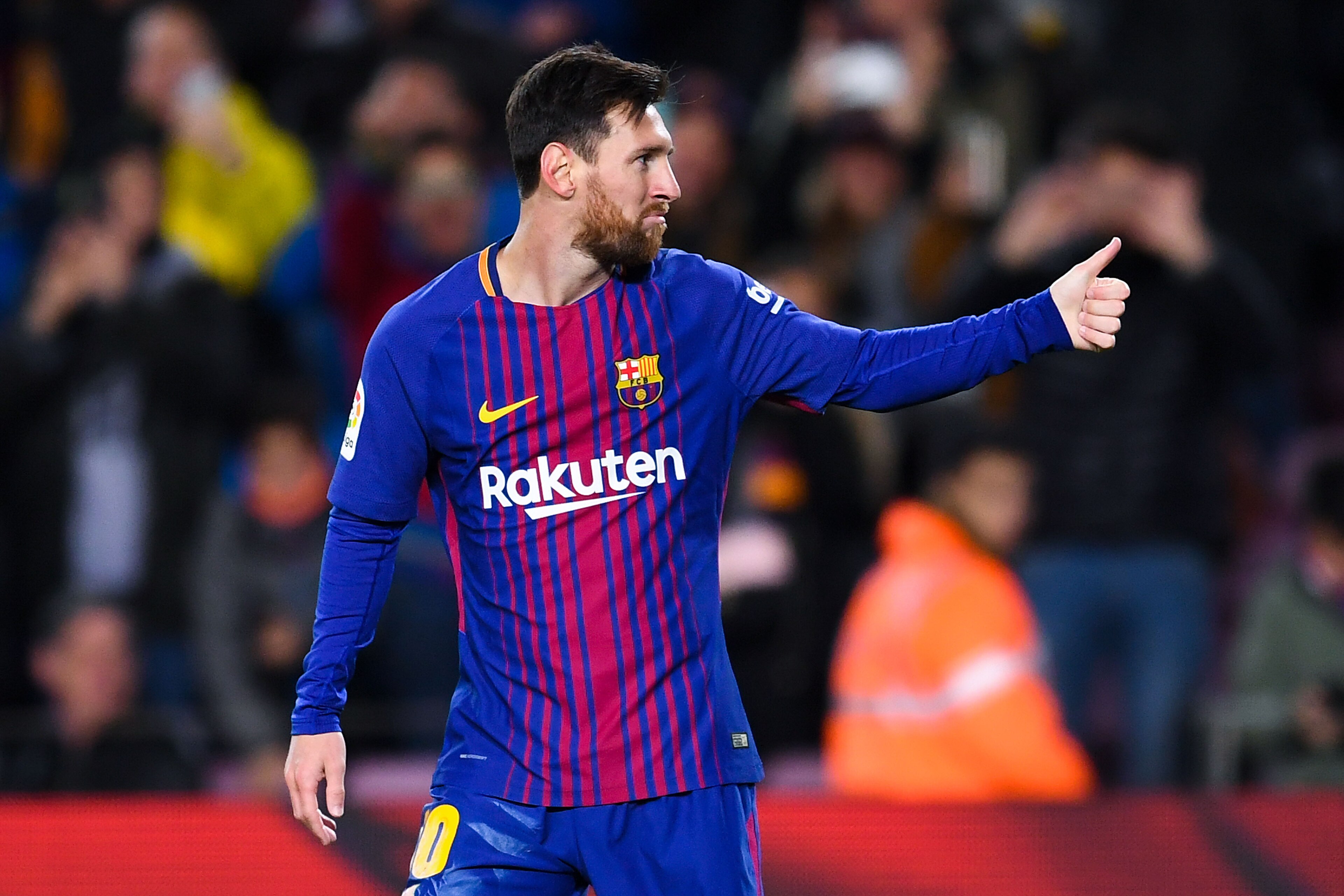 BARCELONA, SPAIN - JANUARY 11: Lionel Messi of FC Barcelona celebrates after scoring his team's second goal during the Copa del Rey round of 16 second leg match between FC Barcelona and Celta de Vigo at Camp Nou on January 11, 2018 in Barcelona, Spain. BARCELONA, SPAIN - JANUARY 11: Lionel Messi of FC Barcelona celebrates after scoring his team's second goal during the Copa del Rey round of 16 second leg match between FC Barcelona and Celta de Vigo at Camp Nou on January 11, 2018 in Barcelona, Spain.