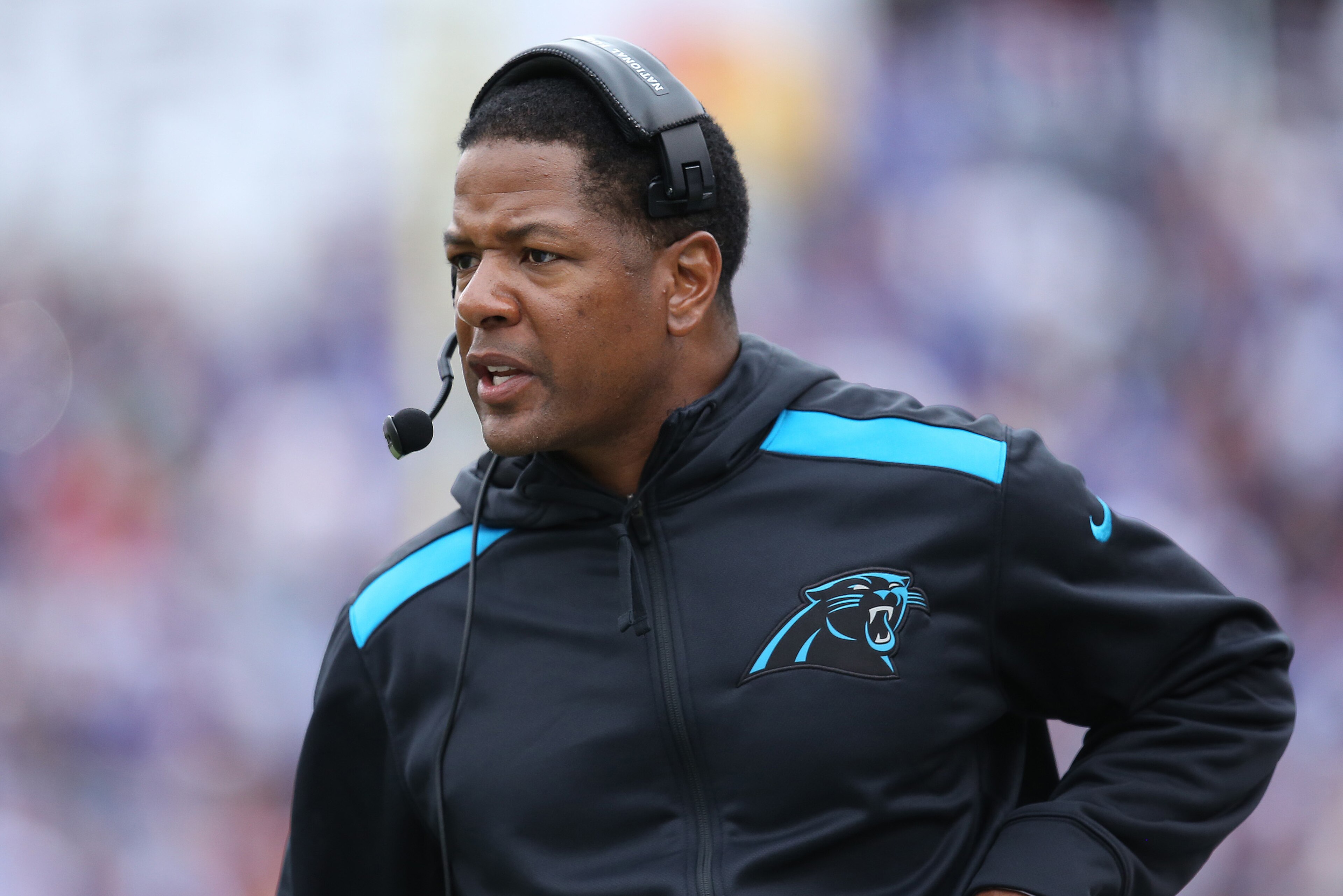 ORCHARD PARK, NY - SEPTEMBER 15: Secondary/Pass Defense Coordinator Steve Wilks of the Carolina Panthers during NFL game action against the Buffalo Bills at Ralph Wilson Stadium on September 15, 2013 in Orchard Park, New York. (Photo by Tom Szczerbowski/G