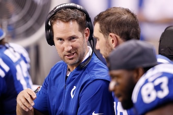 INDIANAPOLIS, IN - AUGUST 27: Quarterbacks coach Brian Schottenheimer of the Indianapolis Colts looks on against the Philadelphia Eagles during a preseason NFL game at Lucas Oil Stadium on August 27, 2016 in Indianapolis, Indiana. (Photo by Joe Robbins/Ge