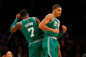 BROOKLYN, NY - NOVEMBER 14:  (NEW YORK DAILIES OUT)   Jayson Tatum #0 and Jaylen Brown #7 of the Boston Celtics in action against the Brooklyn Nets at Barclays Center on November 14, 2017 in the Brooklyn borough of New York City.  The Celtics defeated the