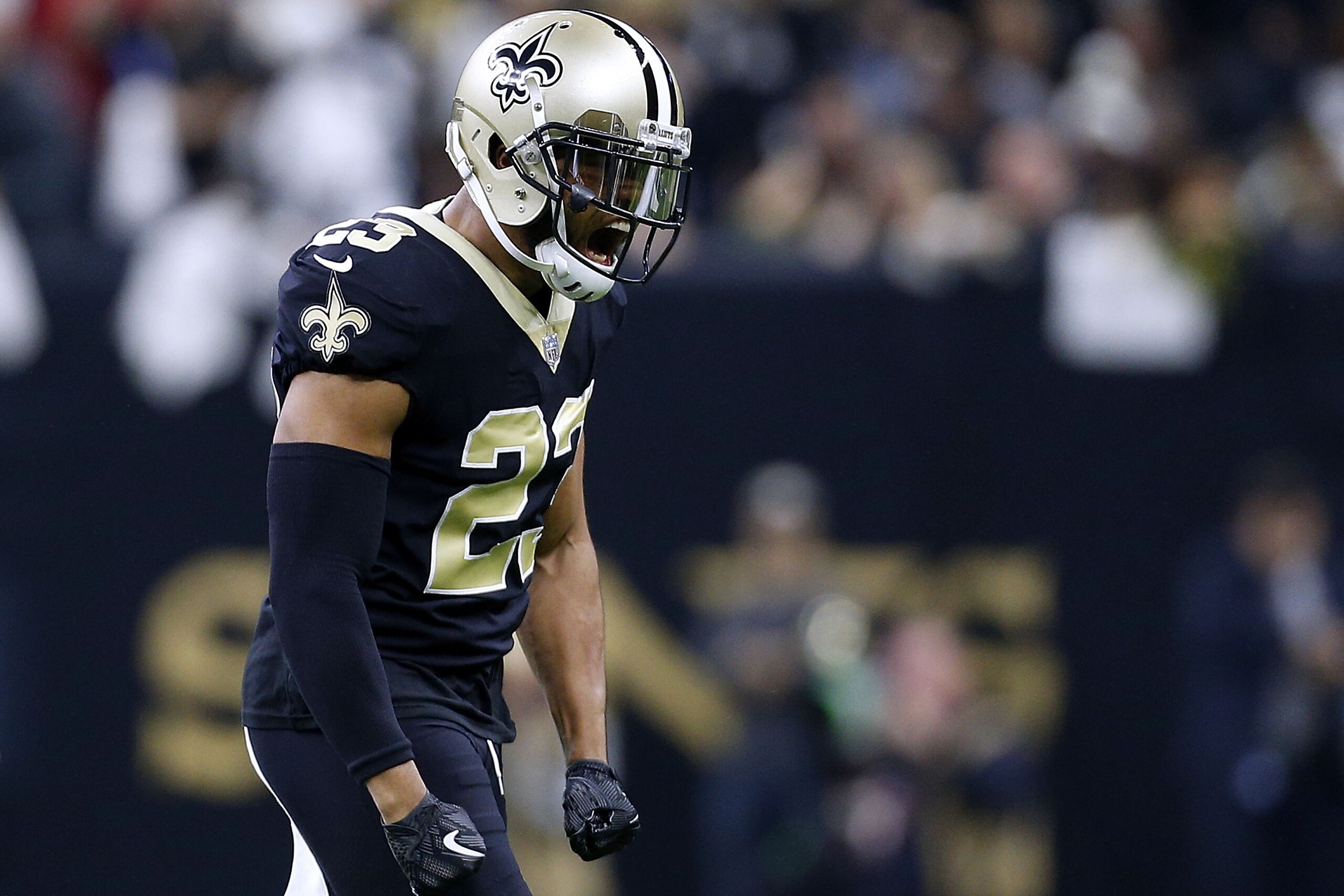 NEW ORLEANS, LA - JANUARY 07: Marshon Lattimore #23 of the New Orleans Saints reacts during the first half of the NFC Wild Card playoff game against the Carolina Panthers at the Mercedes-Benz Superdome on January 7, 2018 in New Orleans, Louisiana. (Phot NEW ORLEANS, LA - JANUARY 07: Marshon Lattimore #23 of the New Orleans Saints reacts during the first half of the NFC Wild Card playoff game against the Carolina Panthers at the Mercedes-Benz Superdome on January 7, 2018 in New Orleans, Louisiana. (Phot