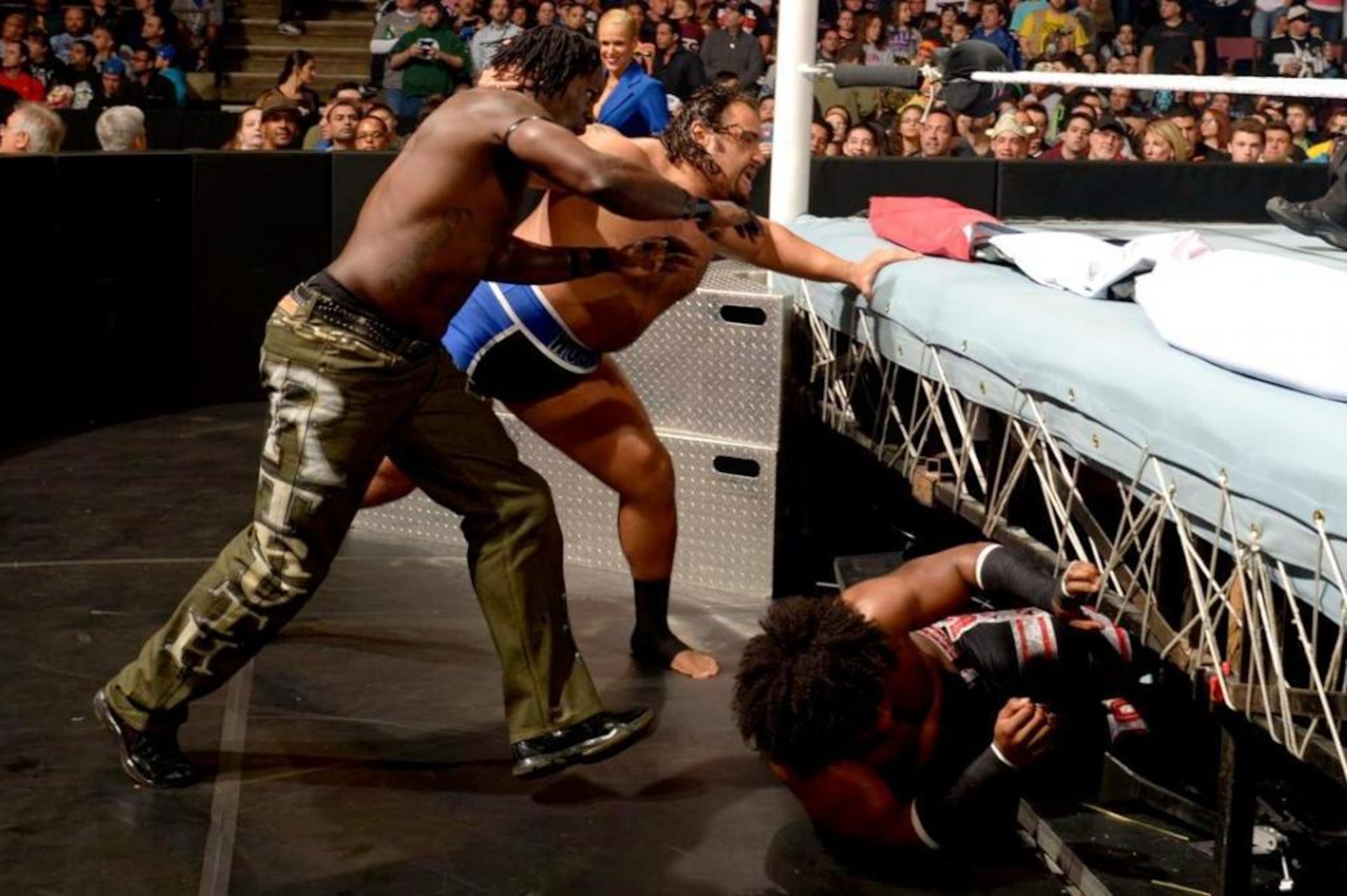 Rusev took down both R-Truth and Xavier Woods at Extreme Rules 2014.