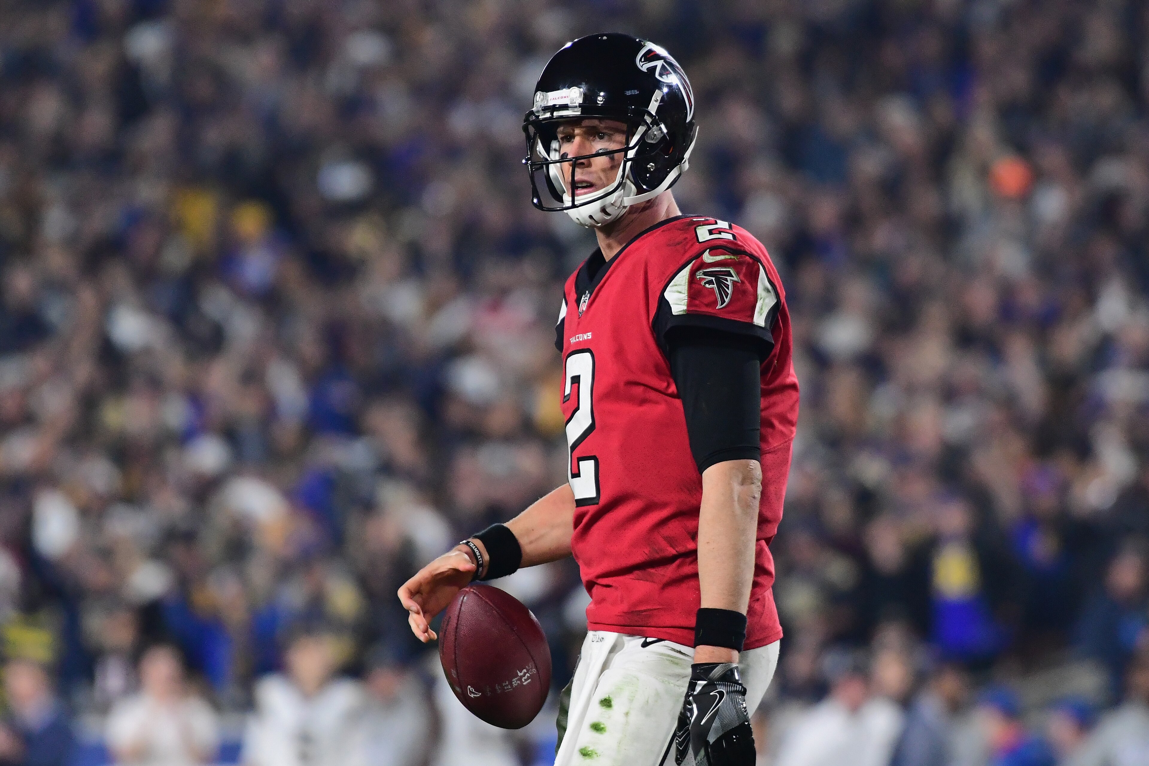 LOS ANGELES, CA - JANUARY 06:  Quarterback Matt Ryan #2 of the Atlanta Falcons reacts after being sacked by the Los Angeles Rams during the second quarter of the NFC Wild Card Playoff game at Los Angeles Coliseum on January 6, 2018 in Los Angeles, Califor