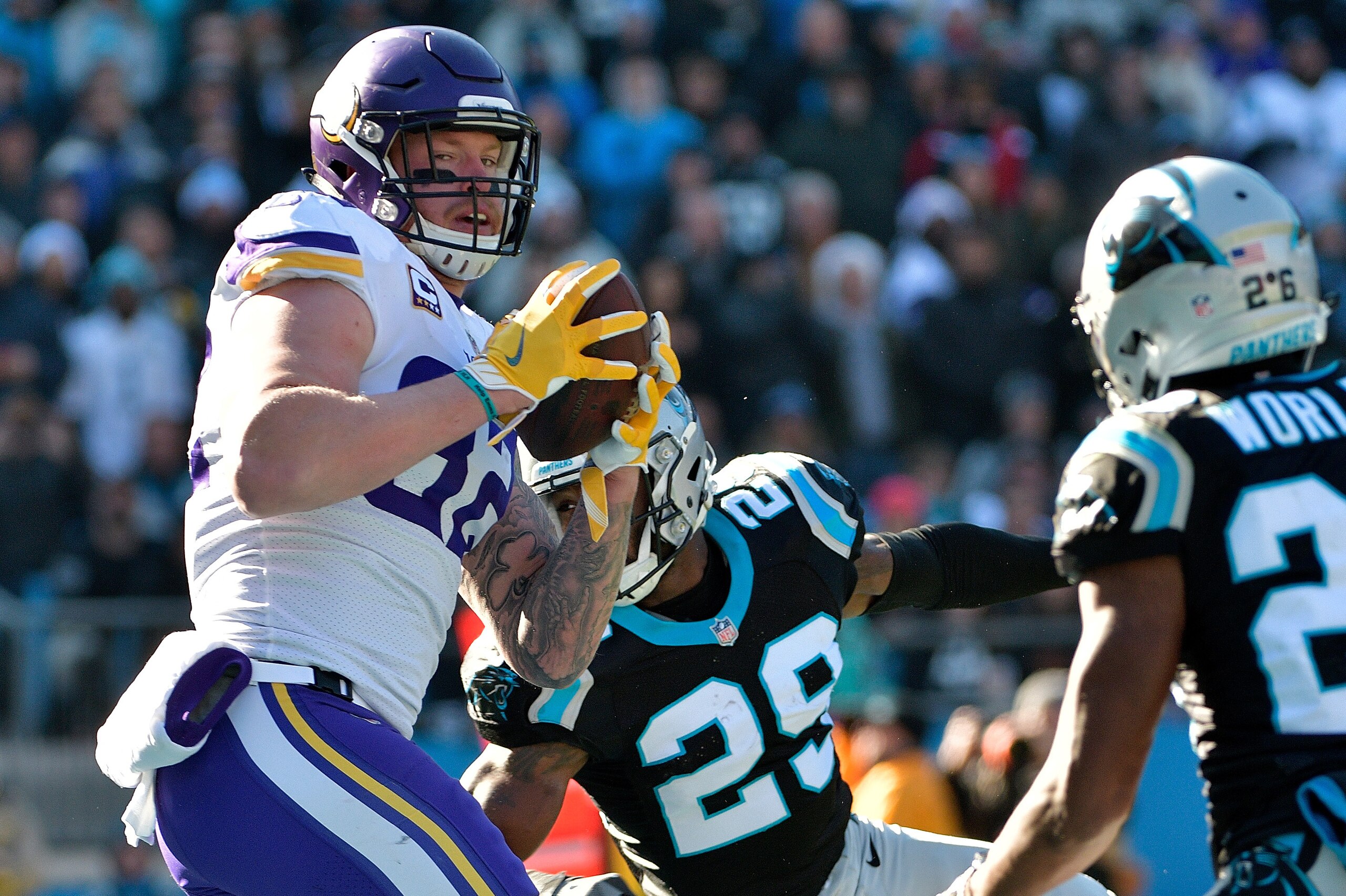 CHARLOTTE, NC - DECEMBER 10: Kyle Rudolph #82 of the Minnesota Vikings catches a touchdown against the Carolina Panthers in the first quarter during their game at Bank of America Stadium on December 10, 2017 in Charlotte, North Carolina. (Photo by Grant CHARLOTTE, NC - DECEMBER 10: Kyle Rudolph #82 of the Minnesota Vikings catches a touchdown against the Carolina Panthers in the first quarter during their game at Bank of America Stadium on December 10, 2017 in Charlotte, North Carolina. (Photo by Grant